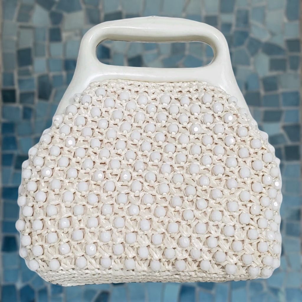 Vintage VINTAGE 1960s Beaded Crocheted Purse Ivory White Plastic Handle Lined Hong Kong Size ONE SIZE - 1 Thumbnail