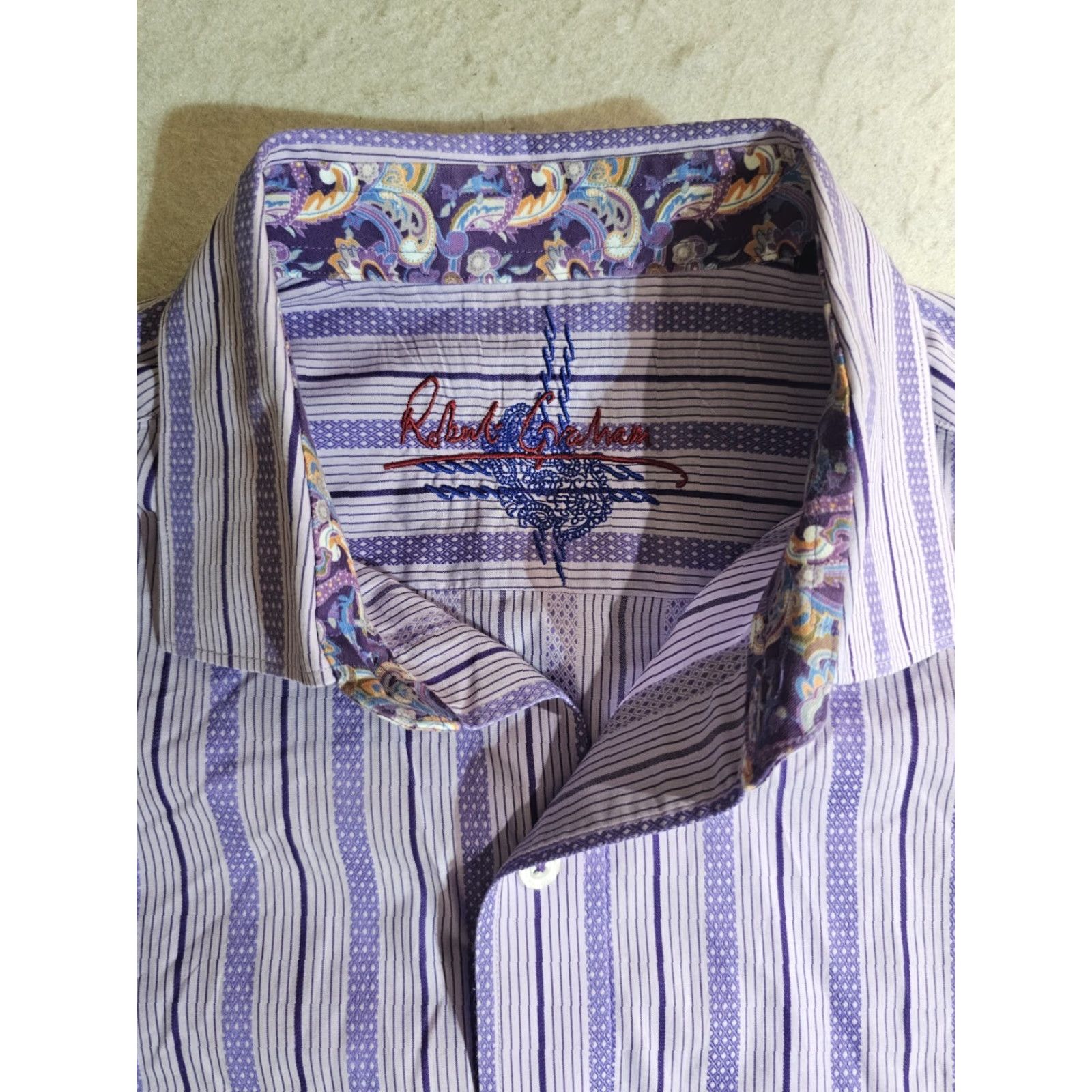 Robert Graham Robert Graham Button-Up Shirt Geometric Filp Cuff Floral Paisley Lavender Sz Med Size US M / EU 48-50 / 2 - 3 Thumbnail