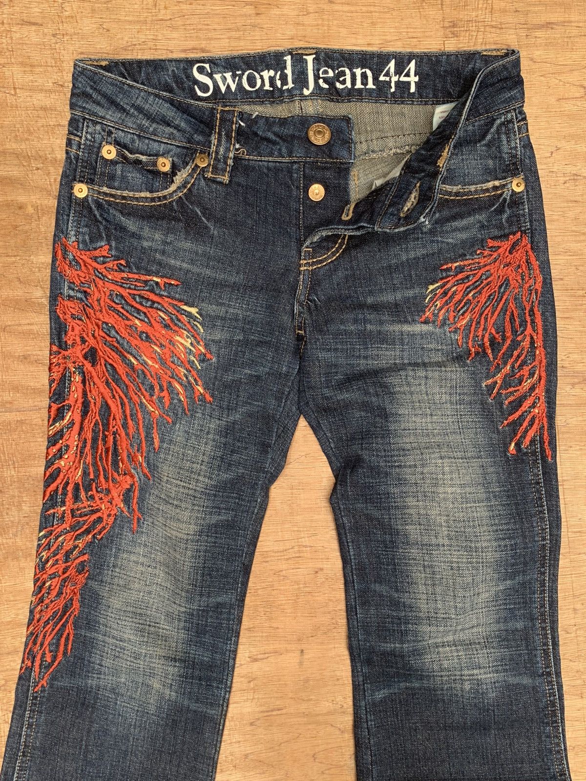 Japanese Brand Rare Sword Jean 44 Peace Embroidered Flare Denim Pants Size US 29 - 15 Thumbnail