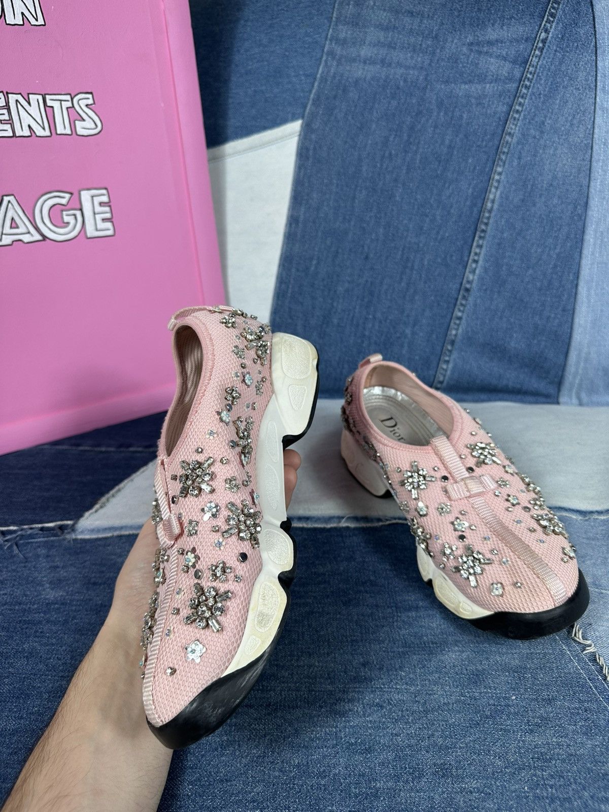 Dior Dior Fusion Pink Bling Mesh Rhinestones Low Sneakers Size US 7 / IT 37 - 8 Thumbnail