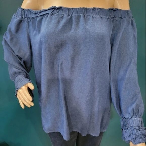 Designer Bali Corp. Off Shoulder Mid Sleeve Sz L Blue Jean Blouse Tun Size L / US 10 / IT 46 - 1 Thumbnail