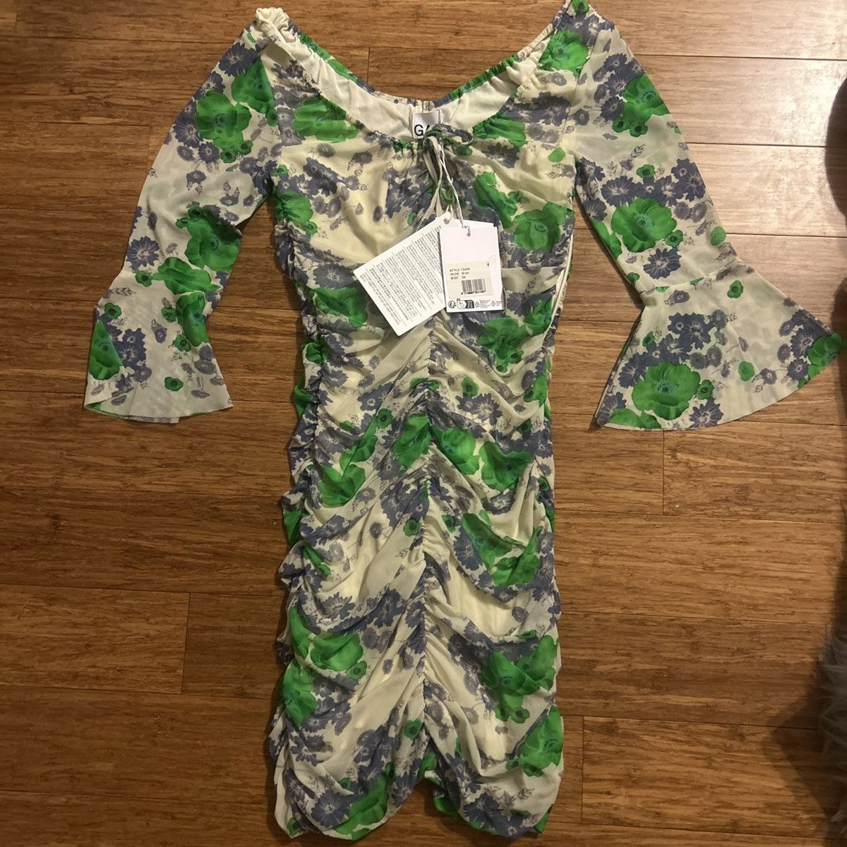 Ganni GANNI Ruched floral-print mesh mini Dress size EU 34 Size XS / US 0-2 / IT 36-38 - 5 Thumbnail
