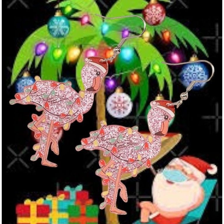 Handmade Christmas Flamingo Earrings New Santa Hat Holiday Lights Gli Size ONE SIZE - 6 Thumbnail