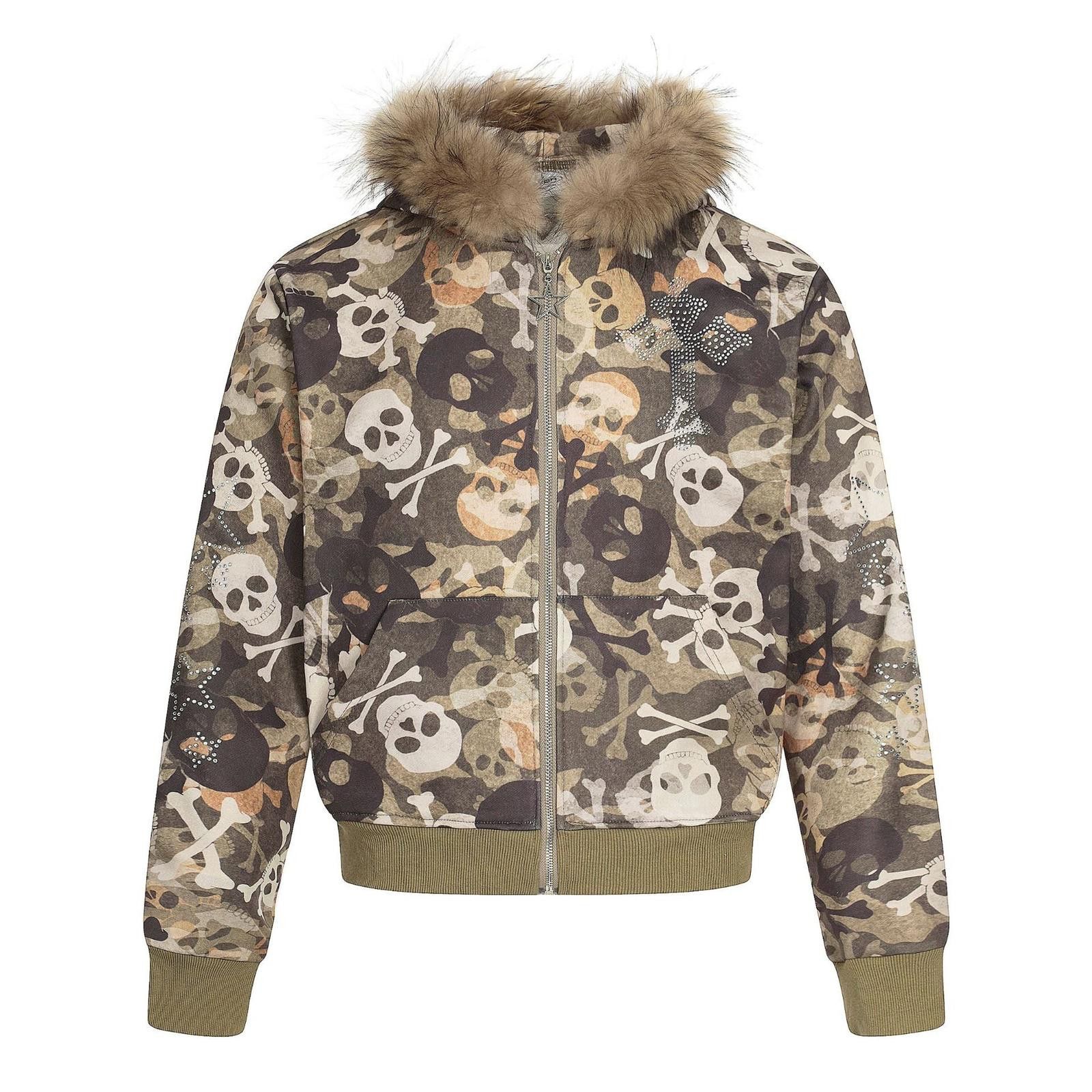 Camouflage Skull Print Faux Fur Hooded Jacket