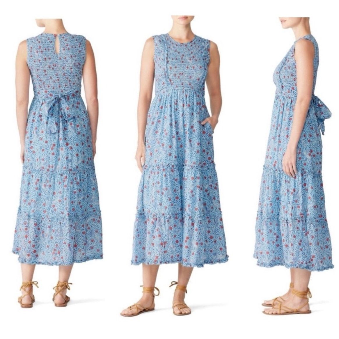 banjanan isha blue floral sleeveless midi dress size M
