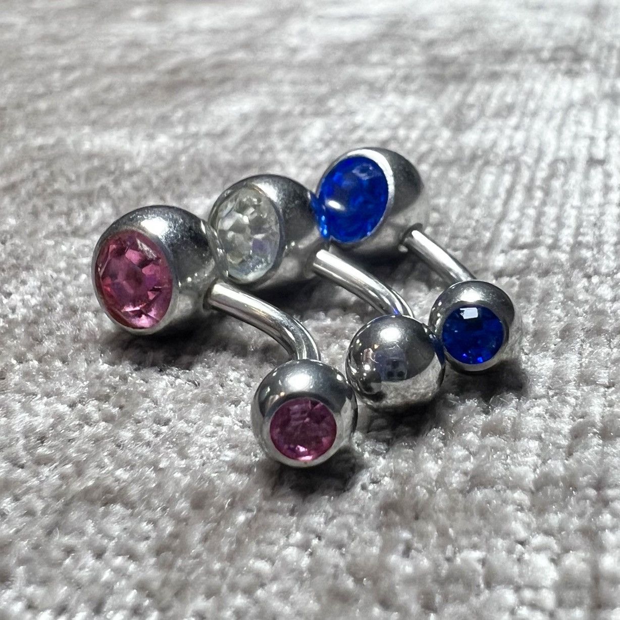 Other 3 New Blue Pink Diamond Double Gem Silver Bellybutton Rings Size ONE SIZE - 3 Thumbnail