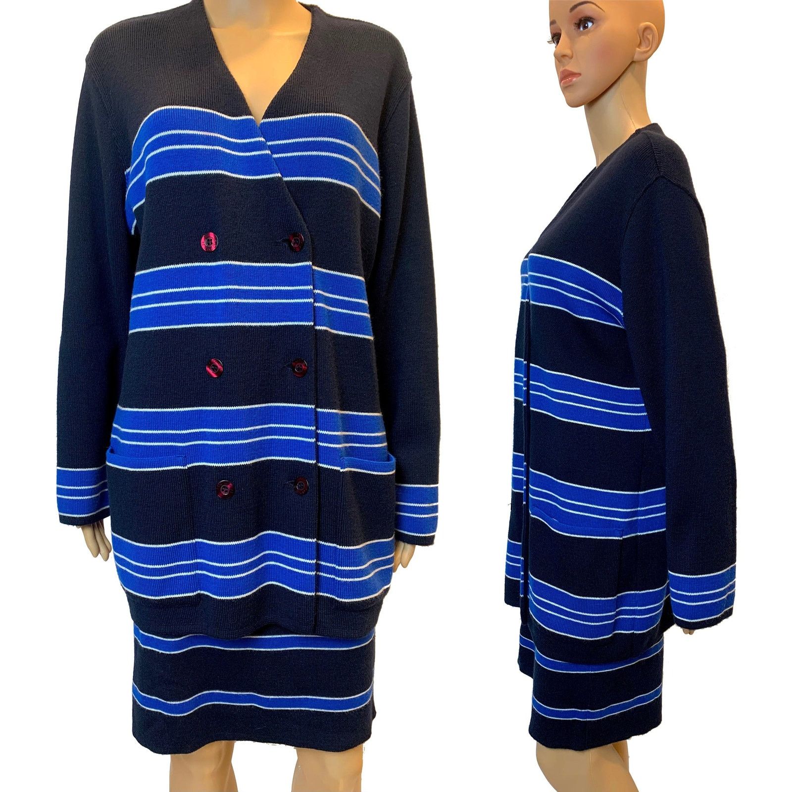 Vintage 80s RODIER Dark Blue Knit Skirt Suit | Oversized Cardigan Size M / US 6-8 / IT 42-44 - 6 Thumbnail