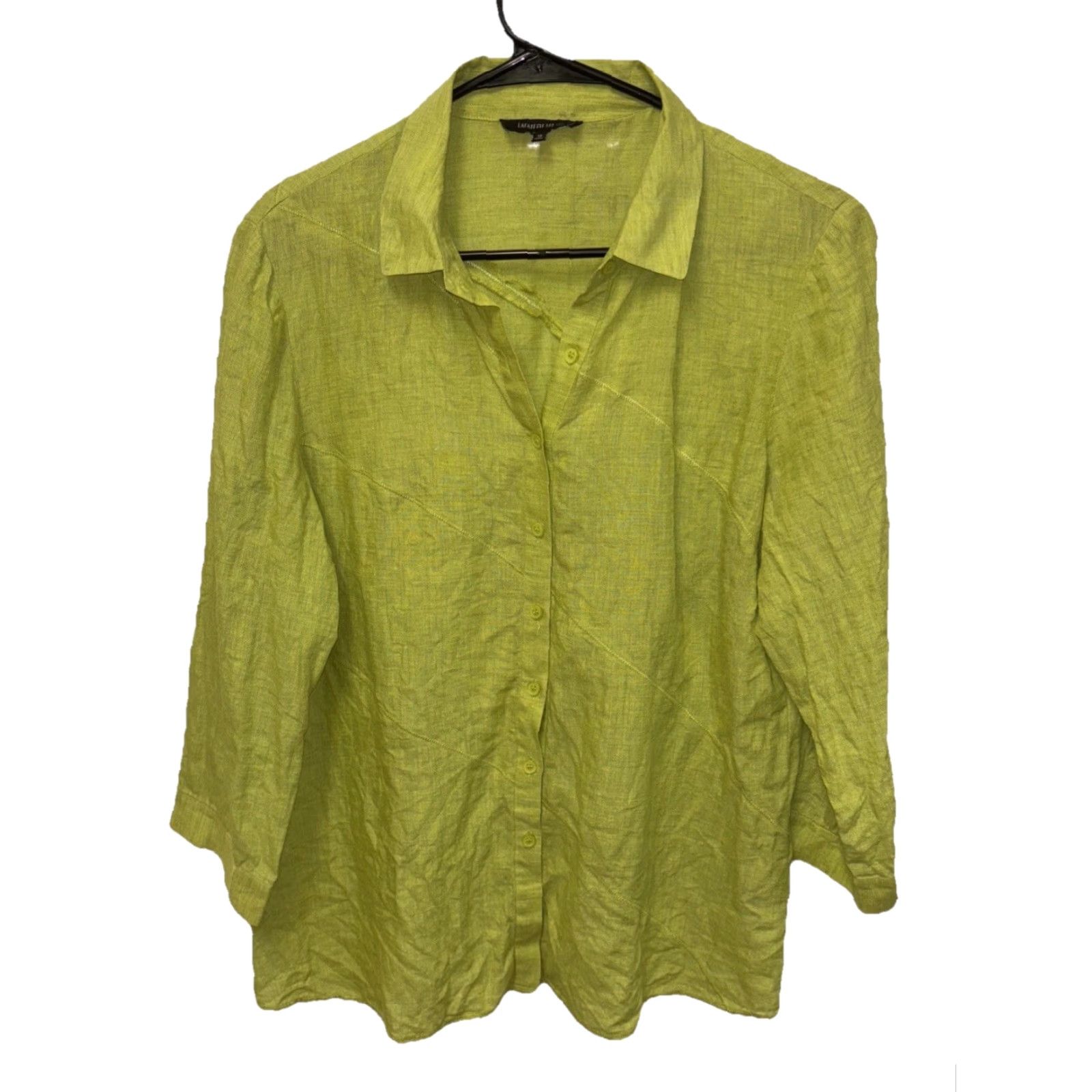 Vintage Lafayette 148 New York Linen Button Up 3/4 Sleeve Top Shirt 12 Chartreuse Collar Womens Blouse Light Breathable Size XL / US 12-14 / IT 48-50 - 2 Thumbnail