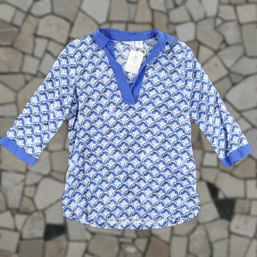 Vintage Sigrid Olsen Geometric Long Sleeve Shirt Blue Women's S Popover Linen Shirt Size S / US 4 / IT 40 - 1 Thumbnail