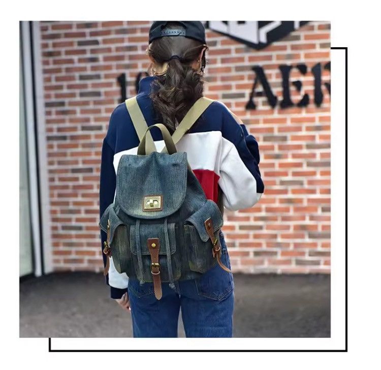 Other Y2K Blue Denim Drawstring Backpack Unisex Size ONE SIZE - 10 Thumbnail