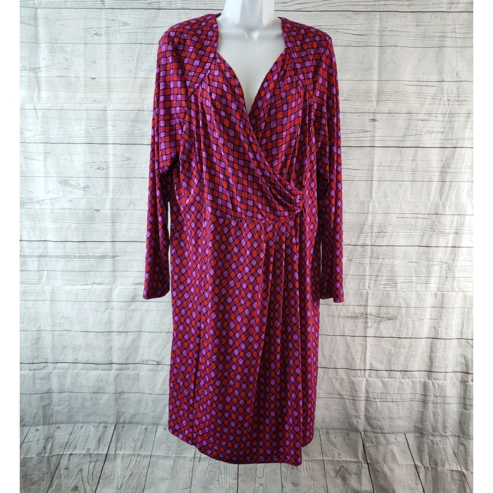 Bob Mackie Bob Mackie Womens Dress XL Wrap Dress Long Sleeve Purple Red Geometric Pattern Knee Length Vintage No Womens Size XL / US 12-14 / IT 48-50 - 2 Thumbnail