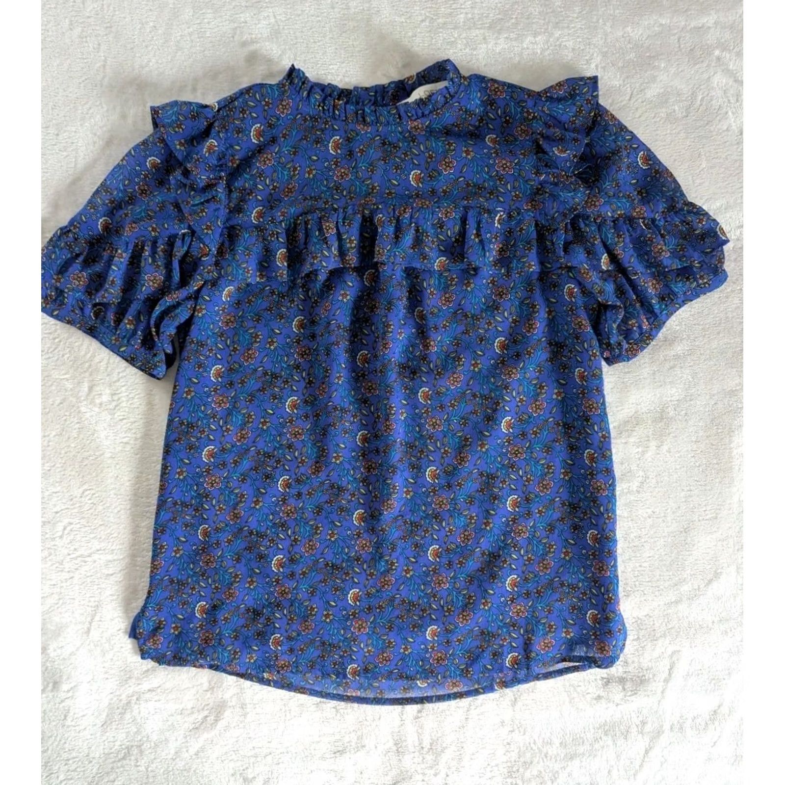 Loft SZ Loft Short Sleeve Blue Floral Ruffle Blouse Women's XS Lined Boho Feminine Shirt Dress? Size XS / US 0-2 / IT 36-38 - 2 Thumbnail