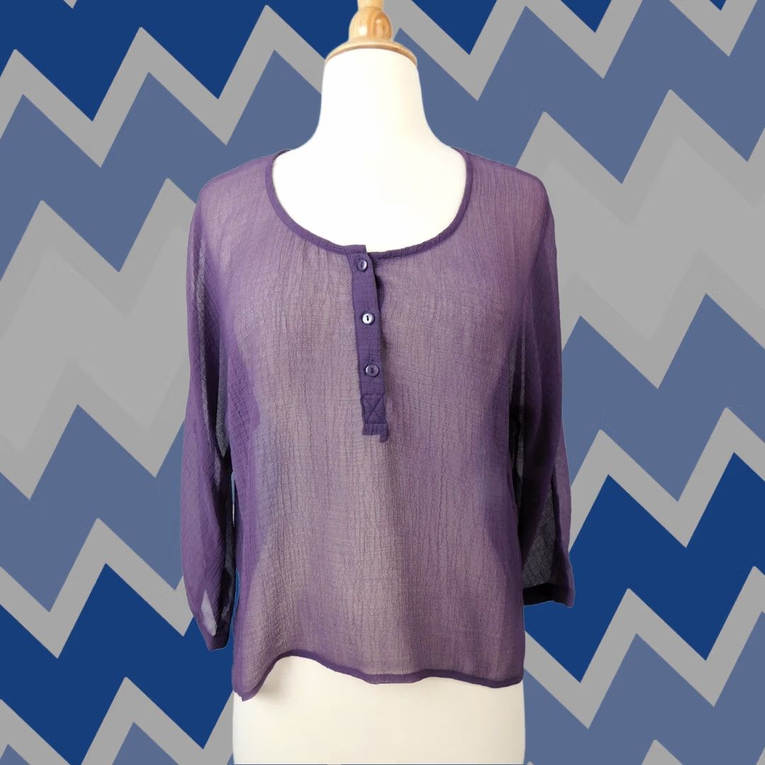 Vintage Sparkle & Fade Blouse Purple 3/4 Sleeve Sheer Crepe Top S Women Shirt Violet 2473 Size S / US 4 / IT 40 - 1 Thumbnail