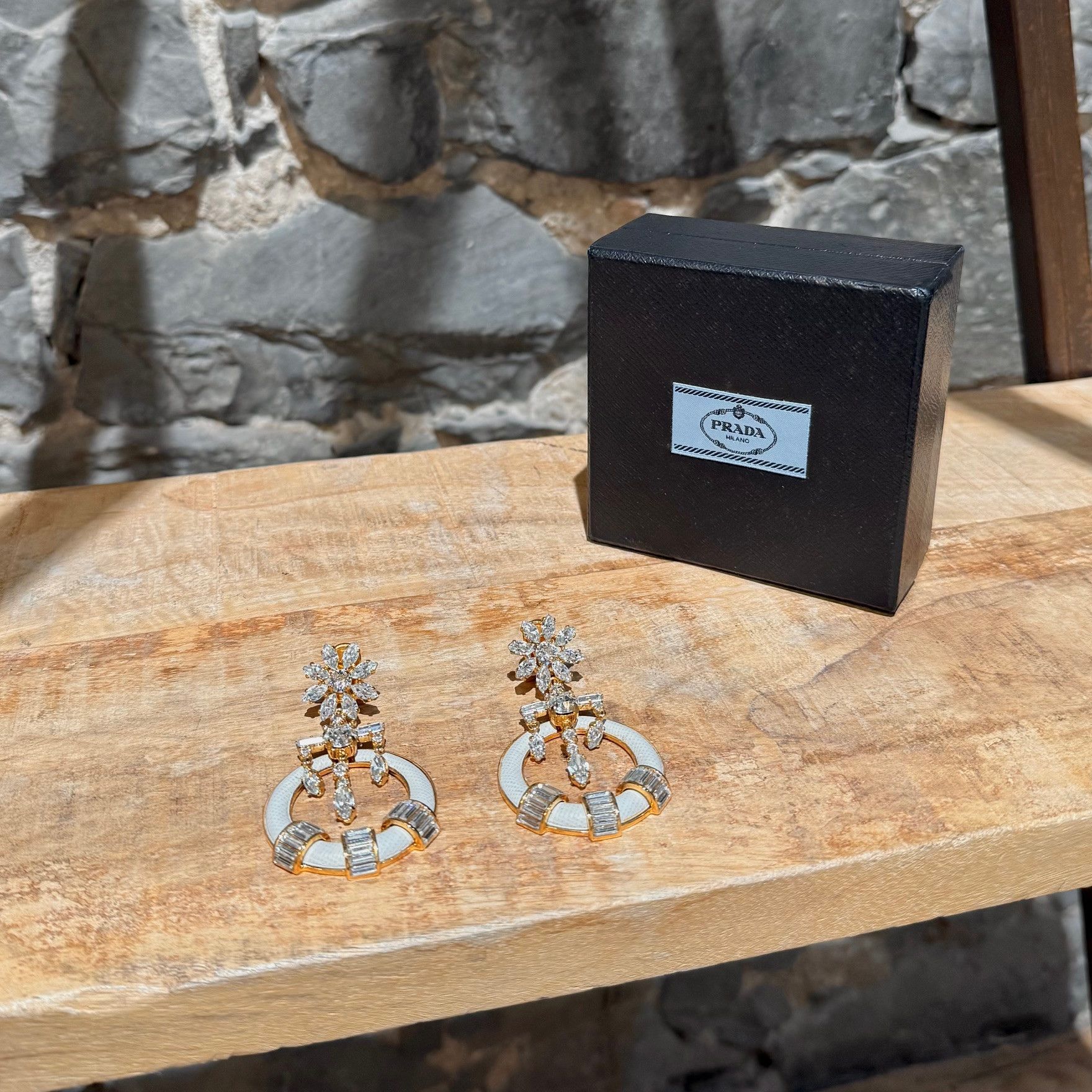 Prada Prada Round Ivory Saffiano Leather Drop Crystal Earrings Size ONE SIZE - 1 Thumbnail