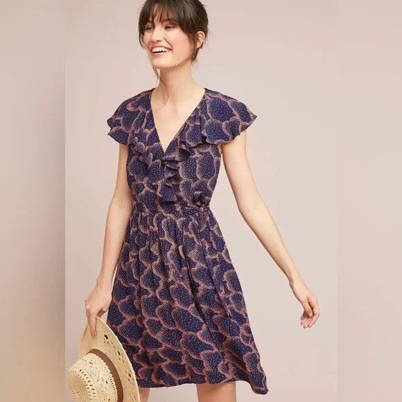 Anthropologie Maeve Anthropologie 4 Navy Coral Wrap Dress Ruffle ROSALIA R Size S / US 4 / IT 40 - 9 Thumbnail
