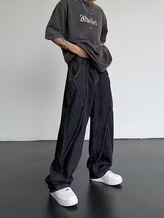 image of Jean Hip Hop Distressed Pants Ripped Patchwork Denim Trousers in Black, Men's (Size 32)