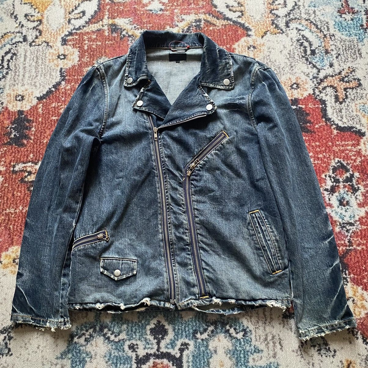 image of Beams Plus Disstressed Denim Jacket in Blue, Men's (Size Large)