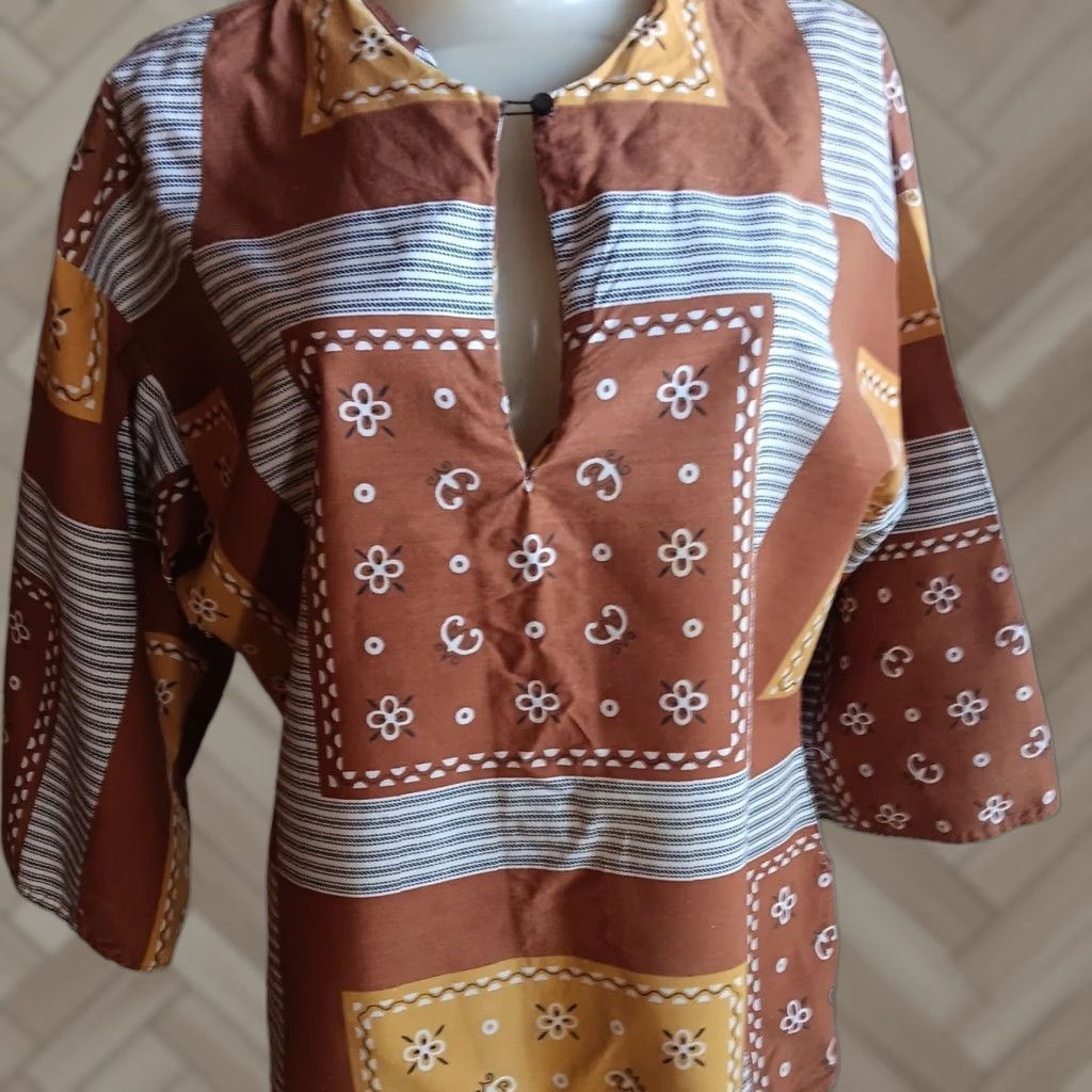 VINTAGE Handmade 70s Boho Blouse Tunic Shirt M Brown Patchwork Keyhole Kimono Sleeves Womens