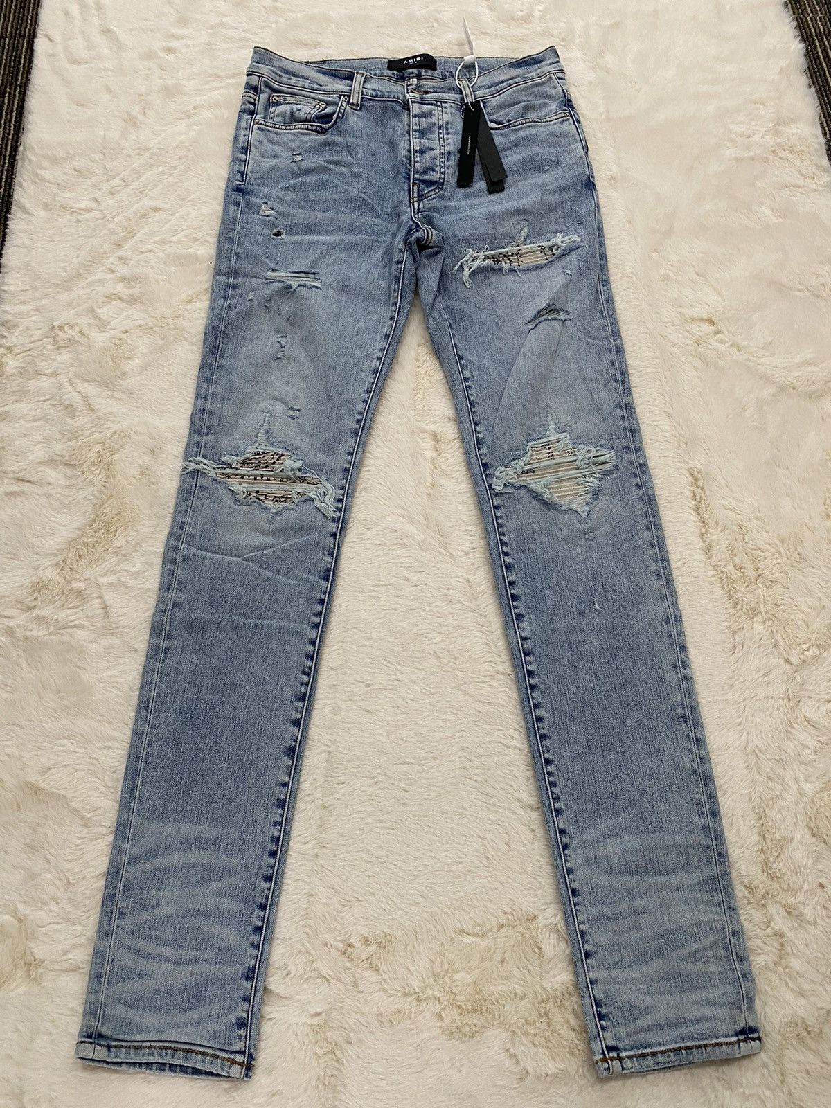 image of Amiri Light Indigo White Bandana Mx1 Jeans in Blue, Men's (Size 33)