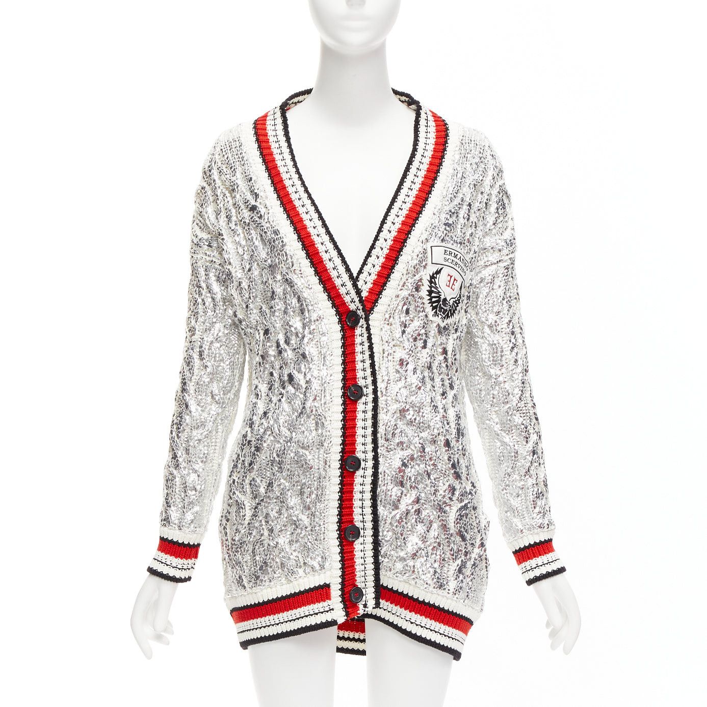 image of Ermanno Scervino Over Sweatshirt Silver Foil Laminated Cotton Cable Knit Cardigan S, Women's (Size 