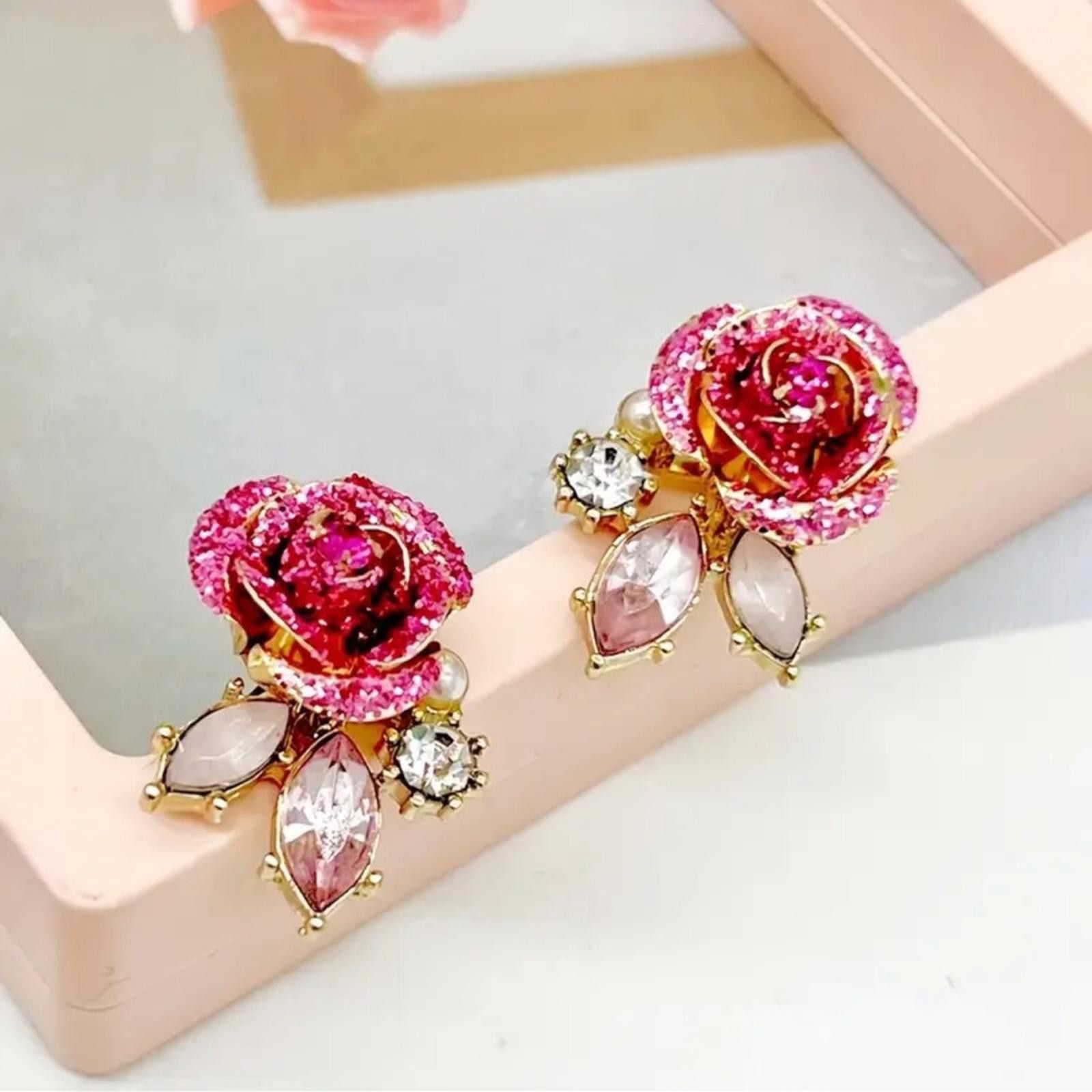 Designer Pink Rose Crystal Stud Earrings Size ONE SIZE - 1 Thumbnail
