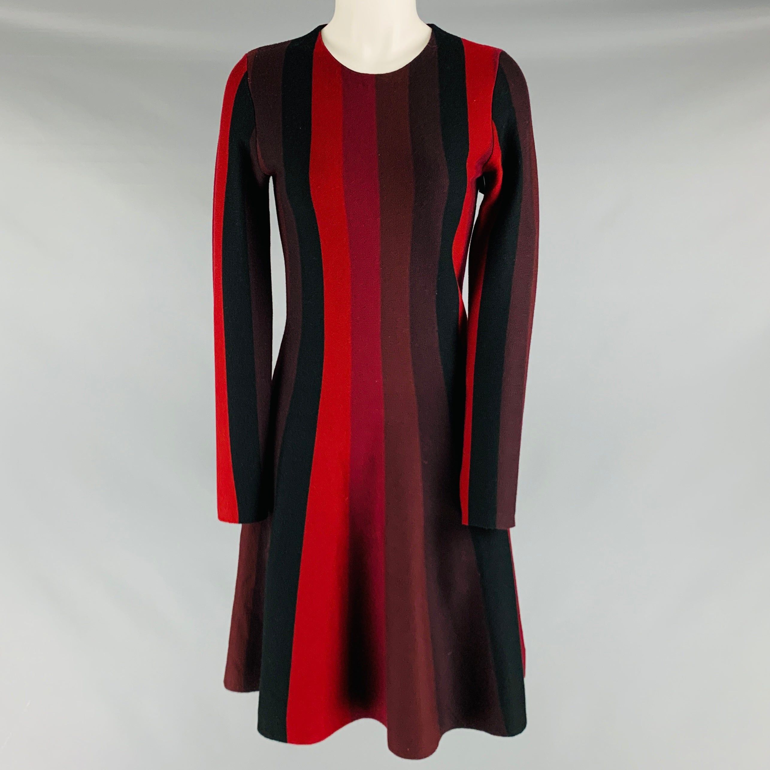 image of Akris Burgundy Black Wool Stripe Long Sleeve Dress, Women's (Size Medium)