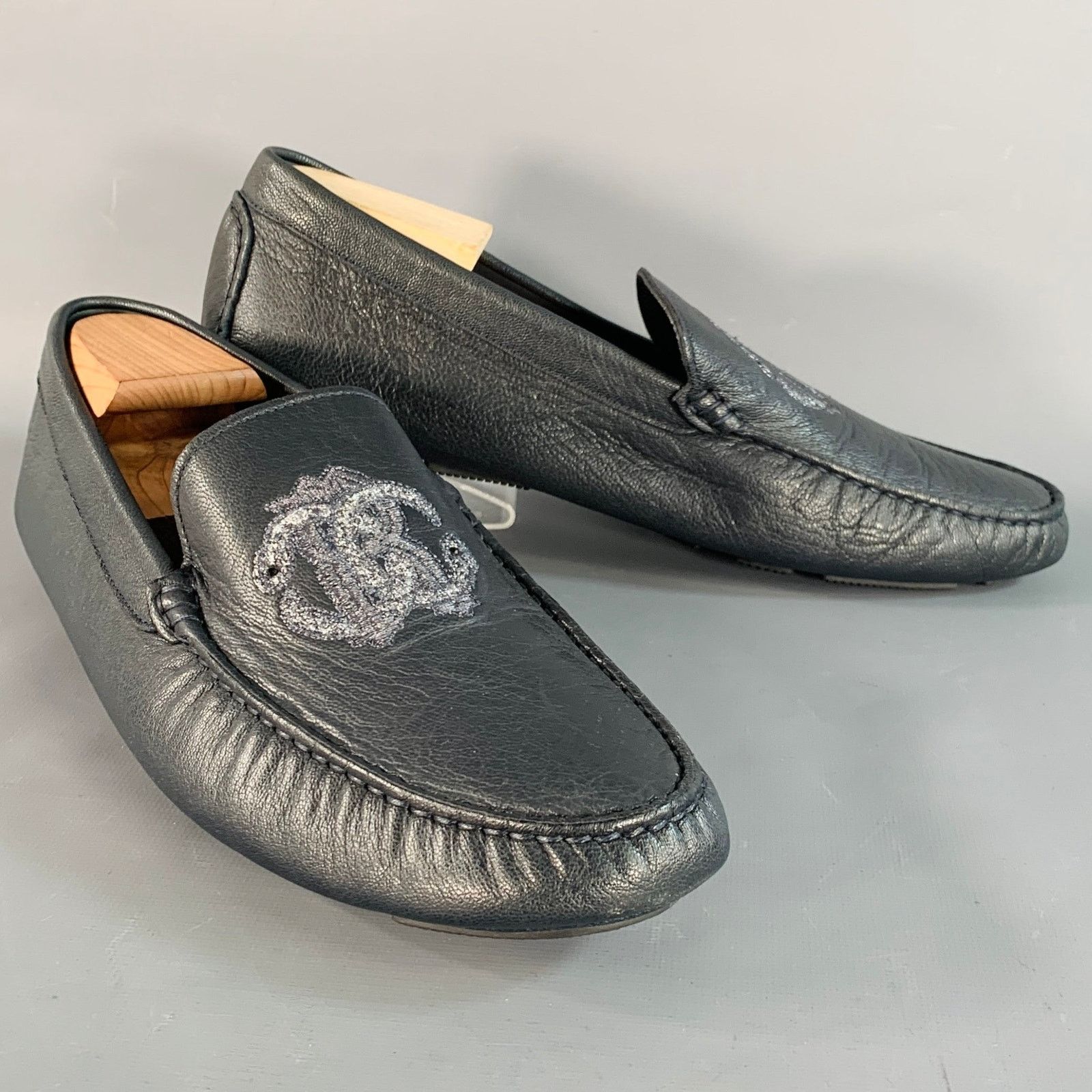 11.5 Navy Silver Logo Embroidery Leather Drivers Loafers