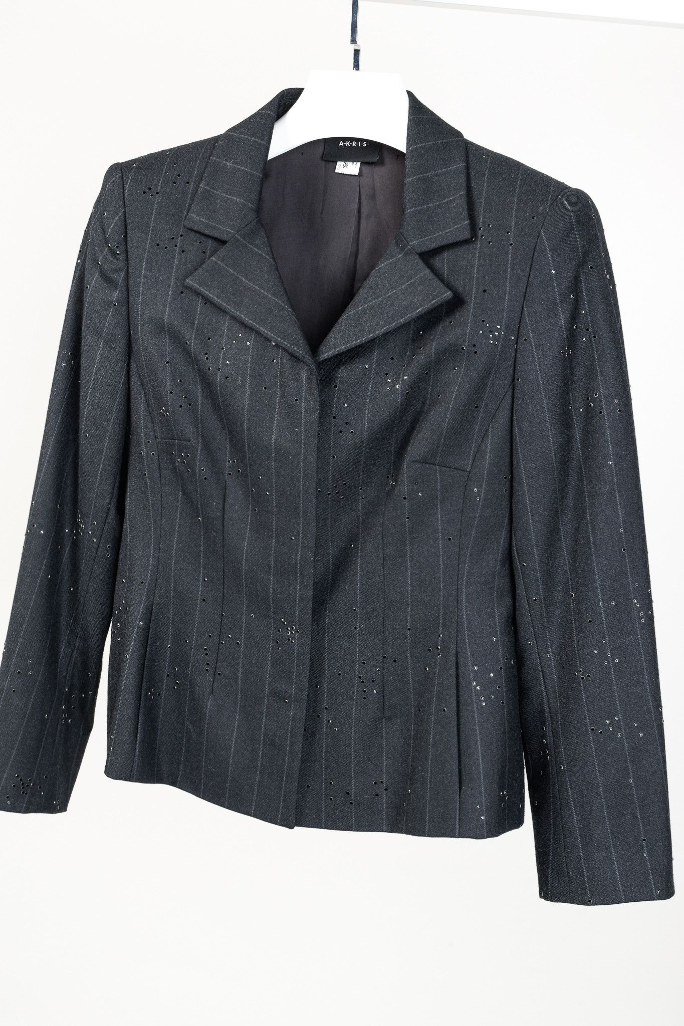 Akris Akris Black Pinstripe-Wool Rhinestone-Embellished Blazer Size L / US 10 / IT 46 - 2 Thumbnail