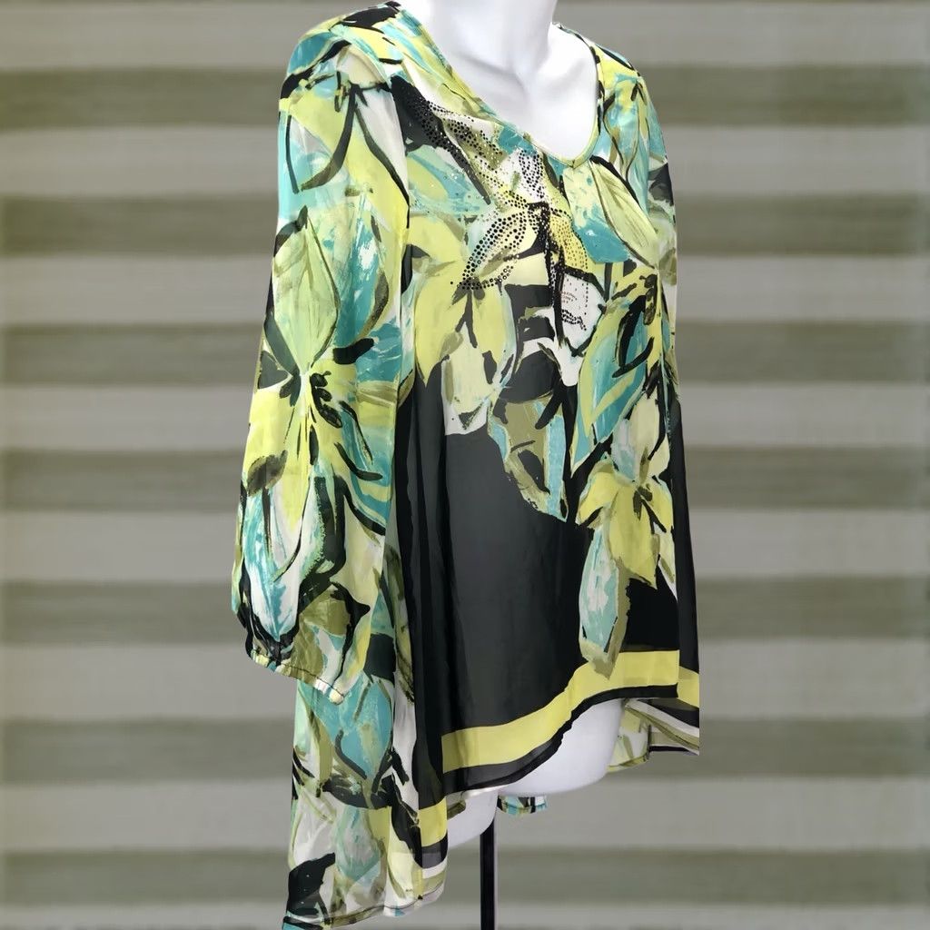 Vintage Energe Flowy top L green/blk NWT V-neck 1/2 Sleeve asymmetrical Cut away back Size L / US 10 / IT 46 - 1 Thumbnail