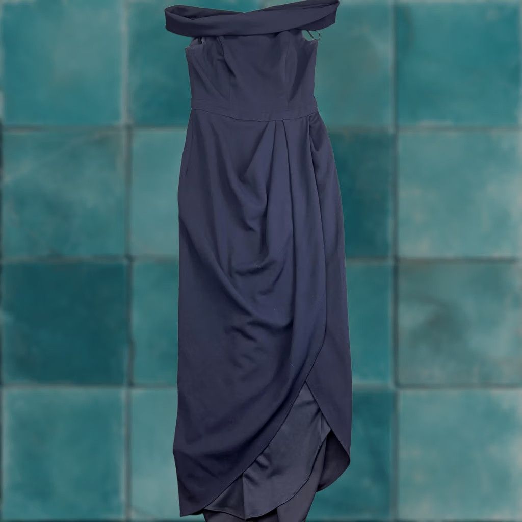 Vintage BHLDN Dress Womens 8 Navy Off Shoulder Hi Low Sheath Bridesmaid Gown Formal Size M / US 6-8 / IT 42-44 - 1 Thumbnail
