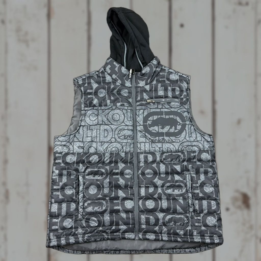 Ecko Unltd Vest Mens 2XL Black Gray Graphic Hooded Streetwear Full Zip Puffer