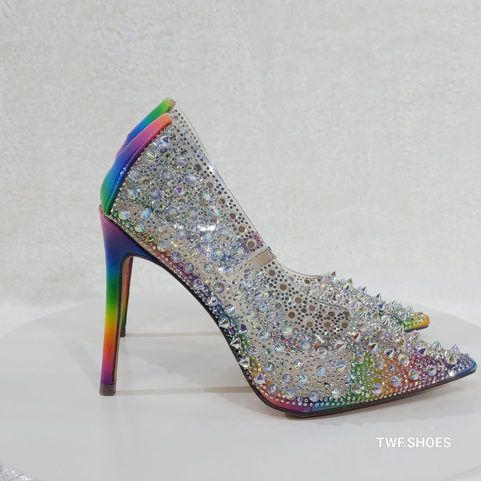 Spicy Stiletto PVC Clear Pumps Rainbow Studs & Rhinestone Pu