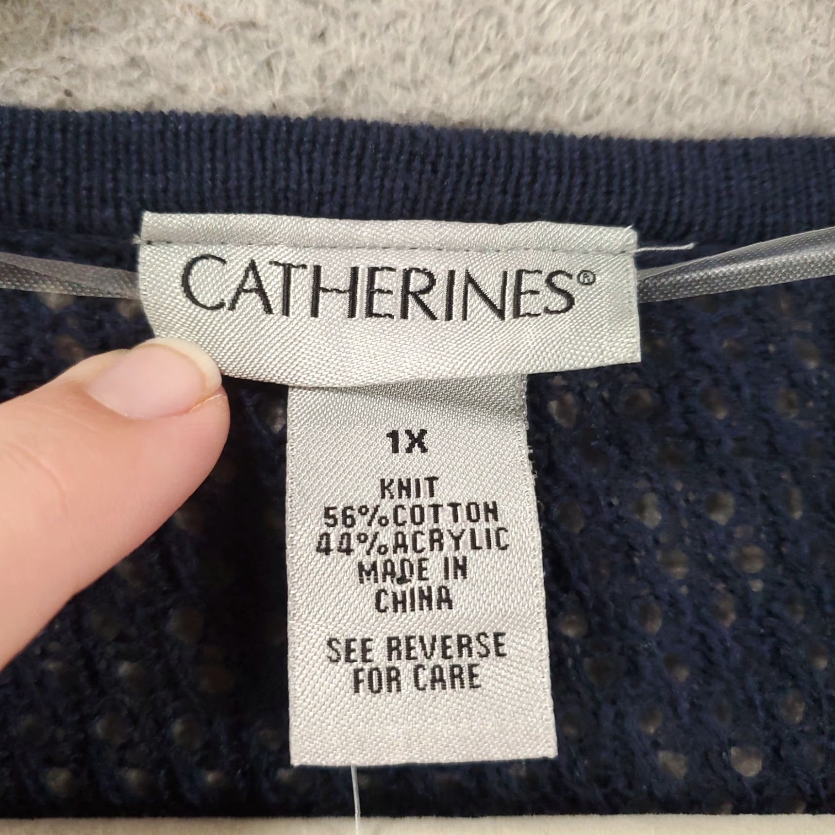 Vintage CATHERINES Women's Cardigan Sweater Open Front Knit Casual Plus Size 1X Navy Blue Red White Trim Size XL / US 12-14 / IT 48-50 - 6 Thumbnail