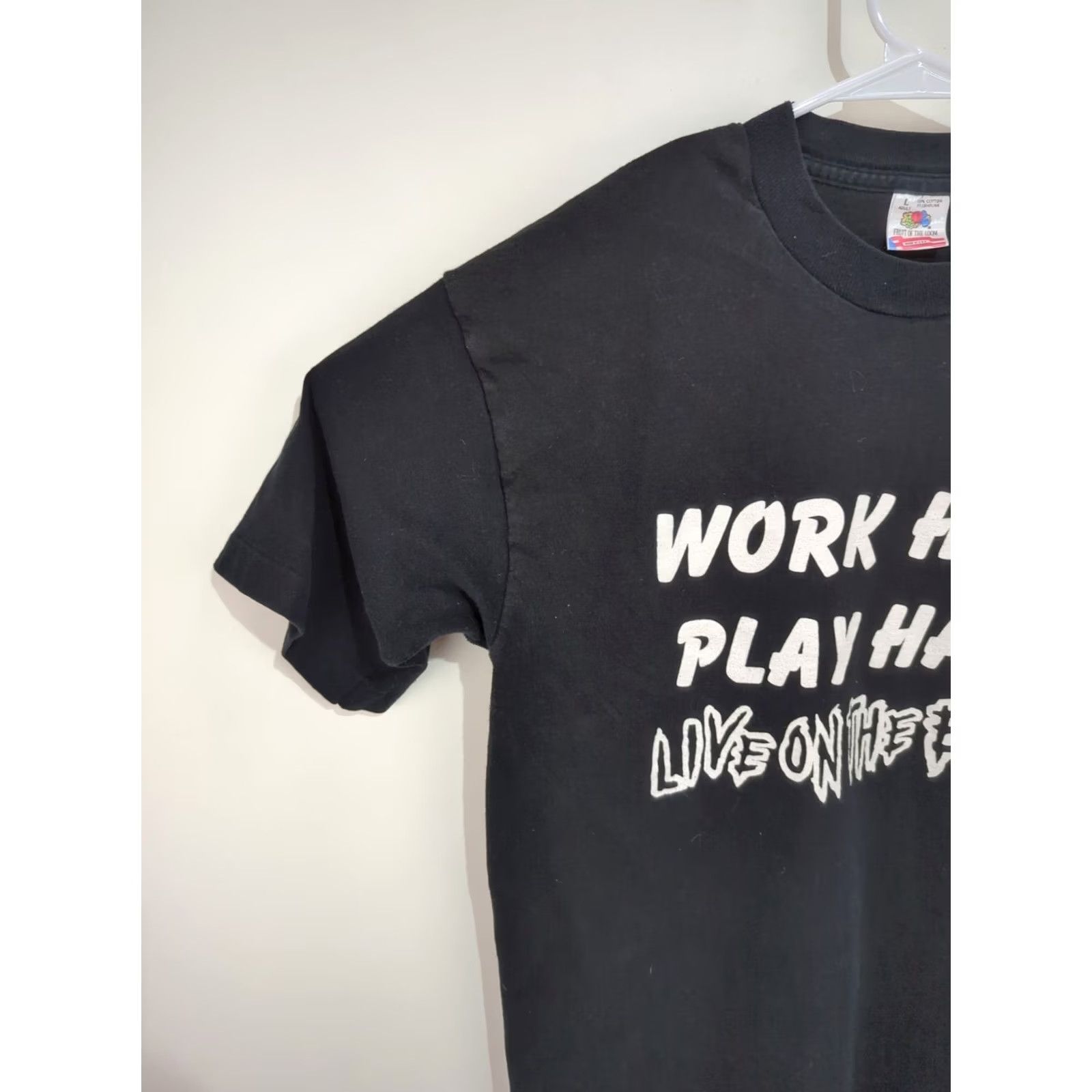 Fruit Of The Loom VINTAGE Nashville TN Work Hard Play Hard T Shirt Large Black Unisex 1990s Fruit of the Loom Graphic Tee Mens Womens Size US M / EU 48-50 / 2 - 4 Thumbnail