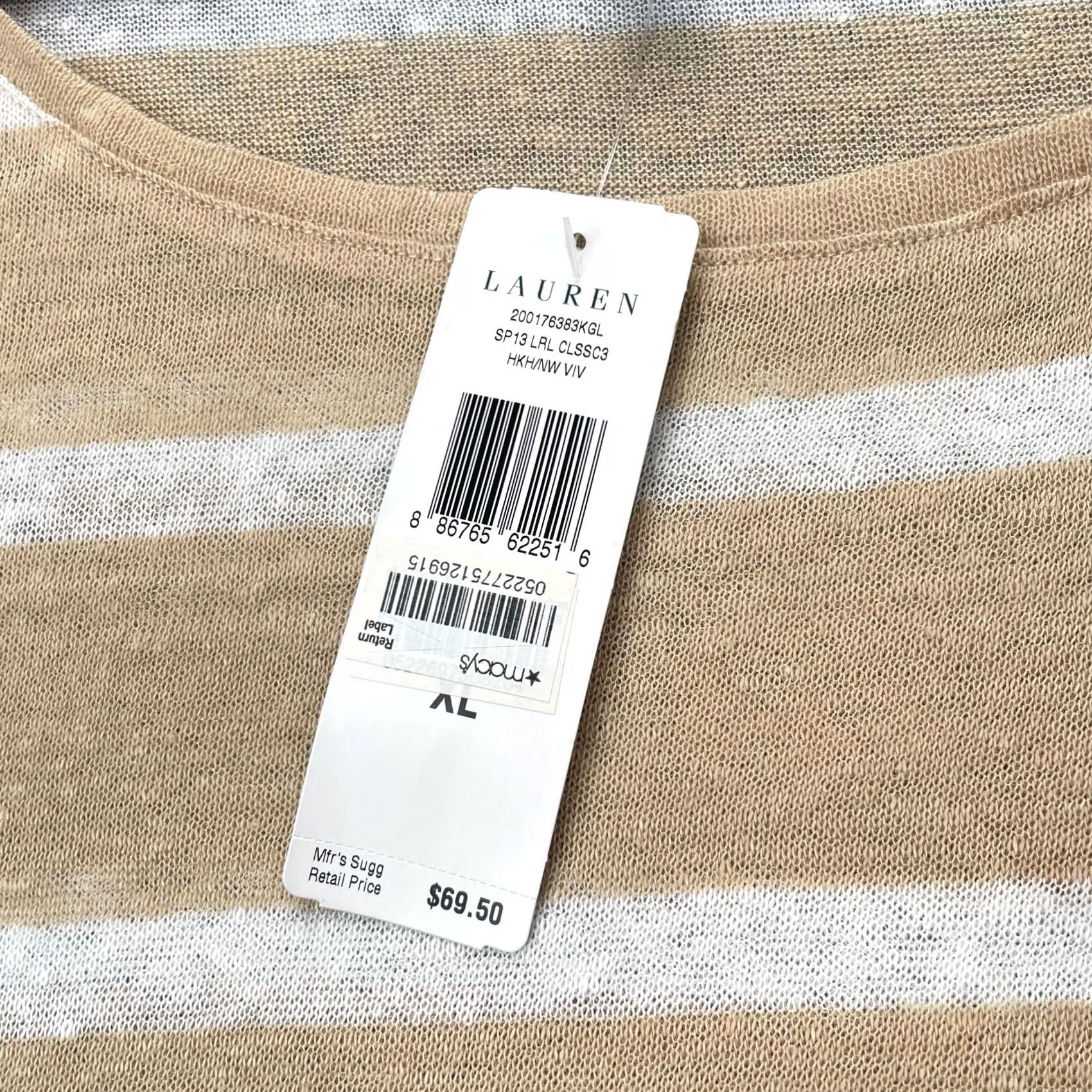 Ralph Lauren Lauren Ralph Lauren Blouse Women XL Beige Linen Knit Striped Round Neck Button Casual Sleeve Fall Spring Summer Classic Preppy Size XL / US 12-14 / IT 48-50 - 4 Thumbnail