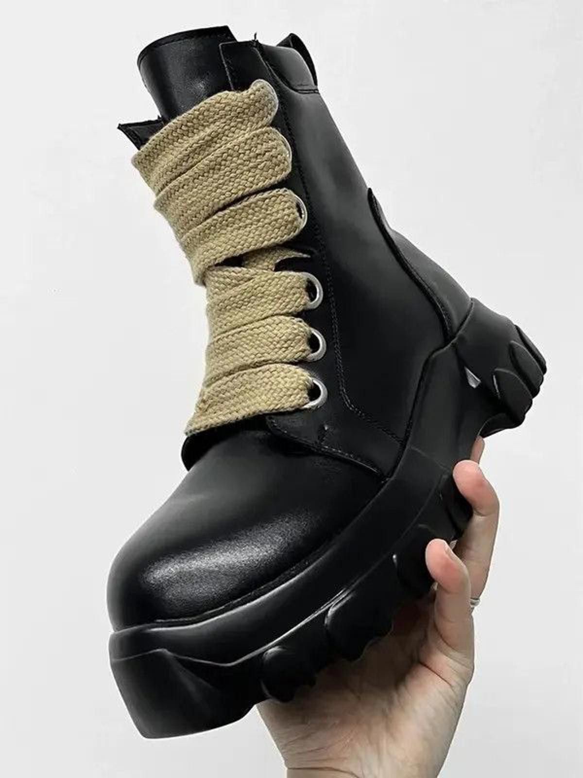 Leather Black Chunky Combat Boots with Beige Laces, Platform Boots Size US 9 / EU 42 - 5 Thumbnail
