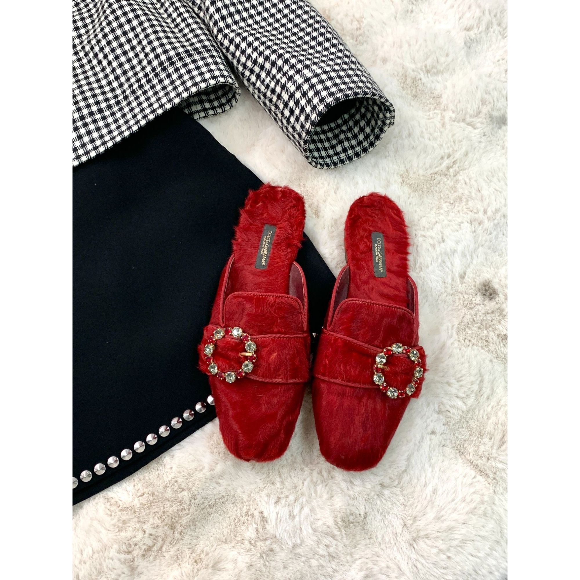 Dolce & Gabbana Dolce & Gabbana Red Fur Mule Slides With Jeweled Buckle Size US 6 / IT 36 - 1 Thumbnail