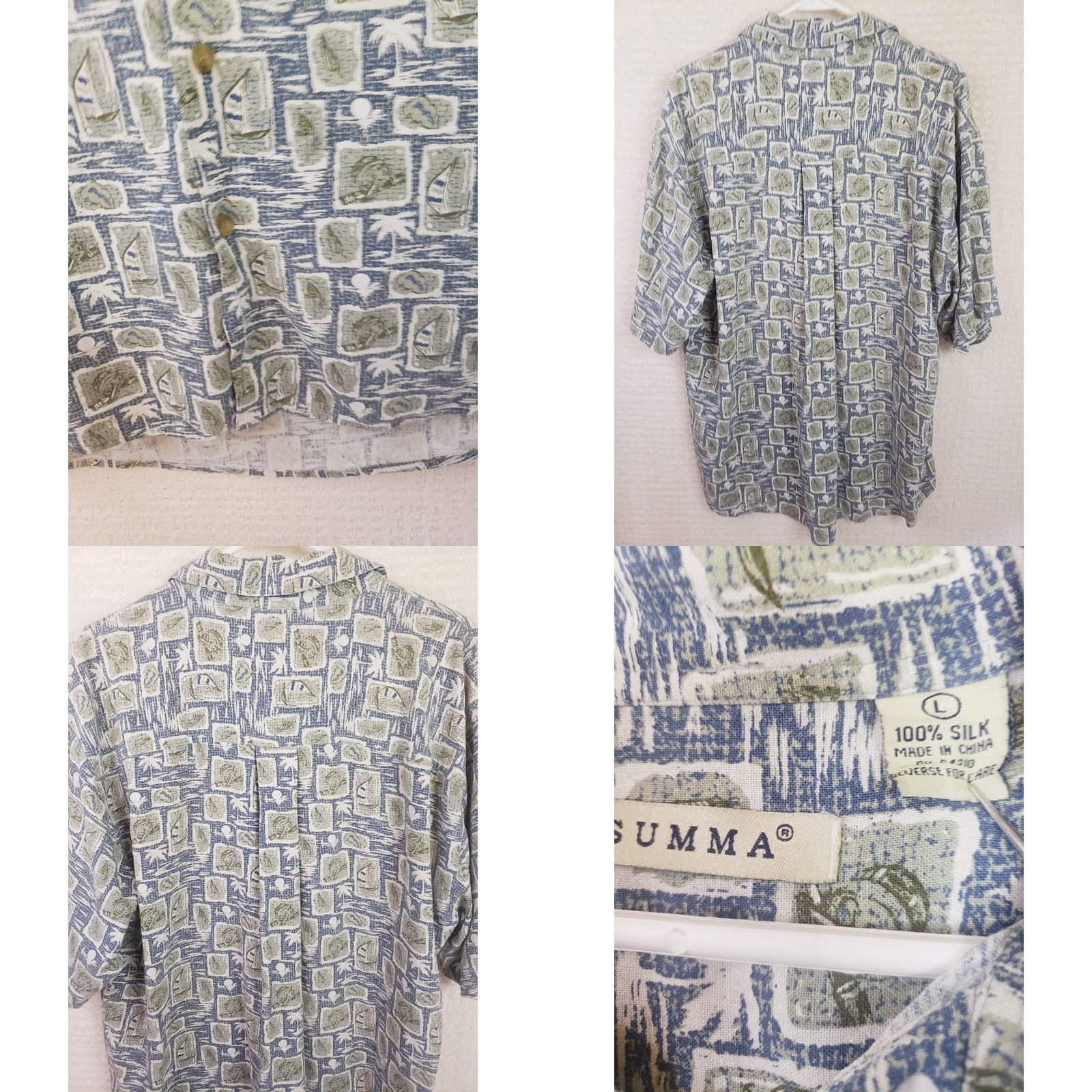 Vintage VINTAGE Summa Silk Shirt Mens L Lightweight Button-Up Short Sleeve Geometric Print Green Blue Collared Pockets Size US L / EU 52-54 / 3 - 8 Thumbnail