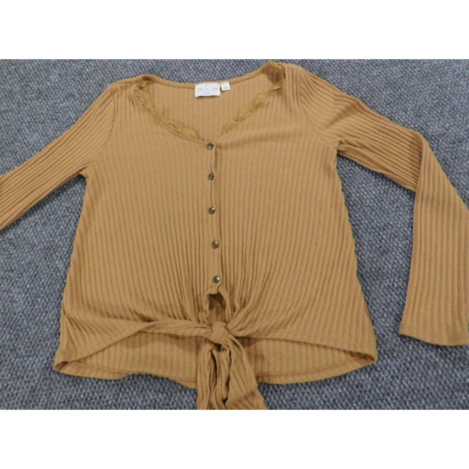 Vintage Jun & Ivy Womens Blouse M Brown Solid Round Neck Long Sleeve Pullover Button-Up Top Size M / US 6-8 / IT 42-44 - 3 Thumbnail