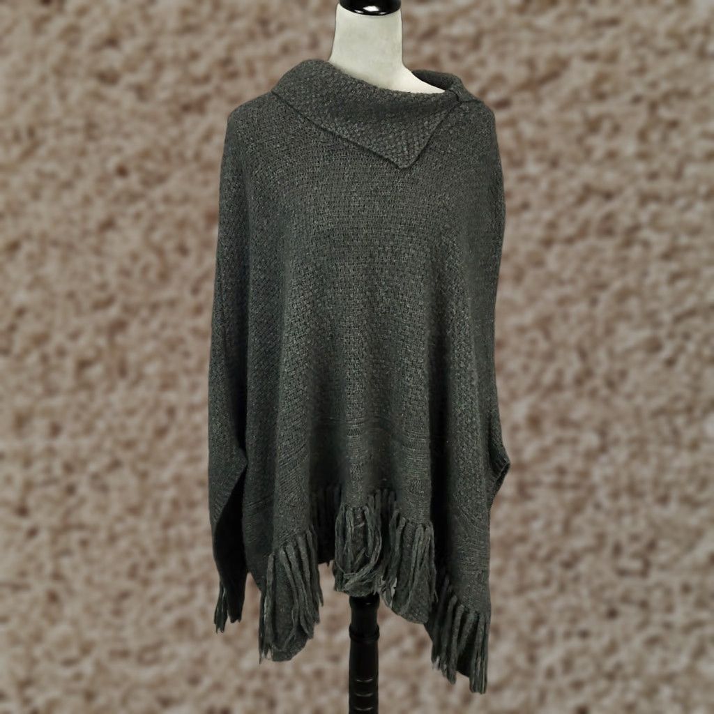 Coldwater Creek Coldwater Creek Sweater Poncho Womens One Size Gray Fringe Hem Cowl Neck Kimono Sleeve Knit Wool Blend Pullover Casual Size ONE SIZE - 1 Thumbnail
