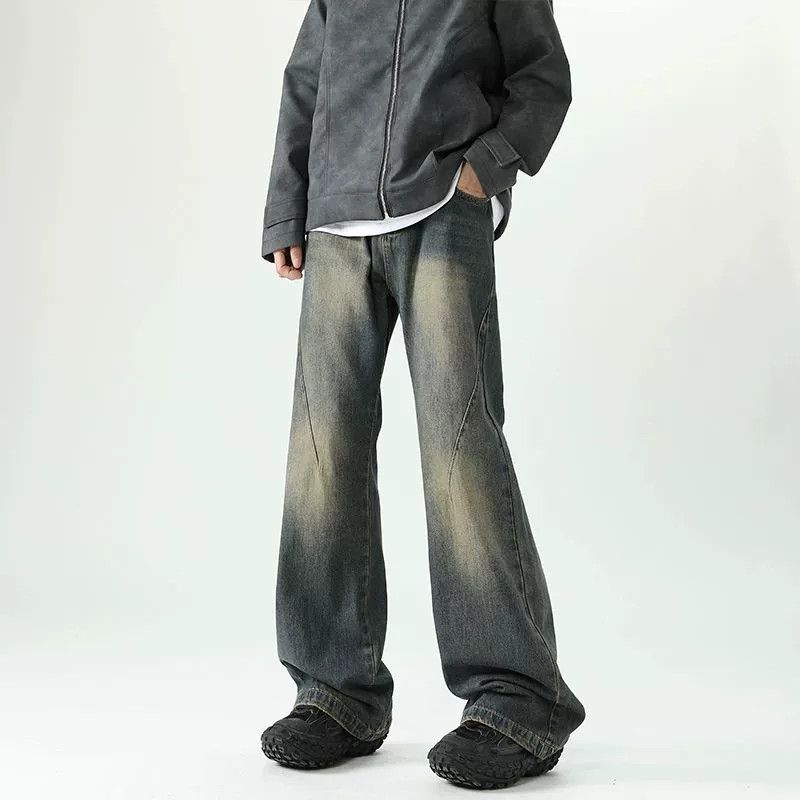 Men's gradient washed distressed loose flared jeans