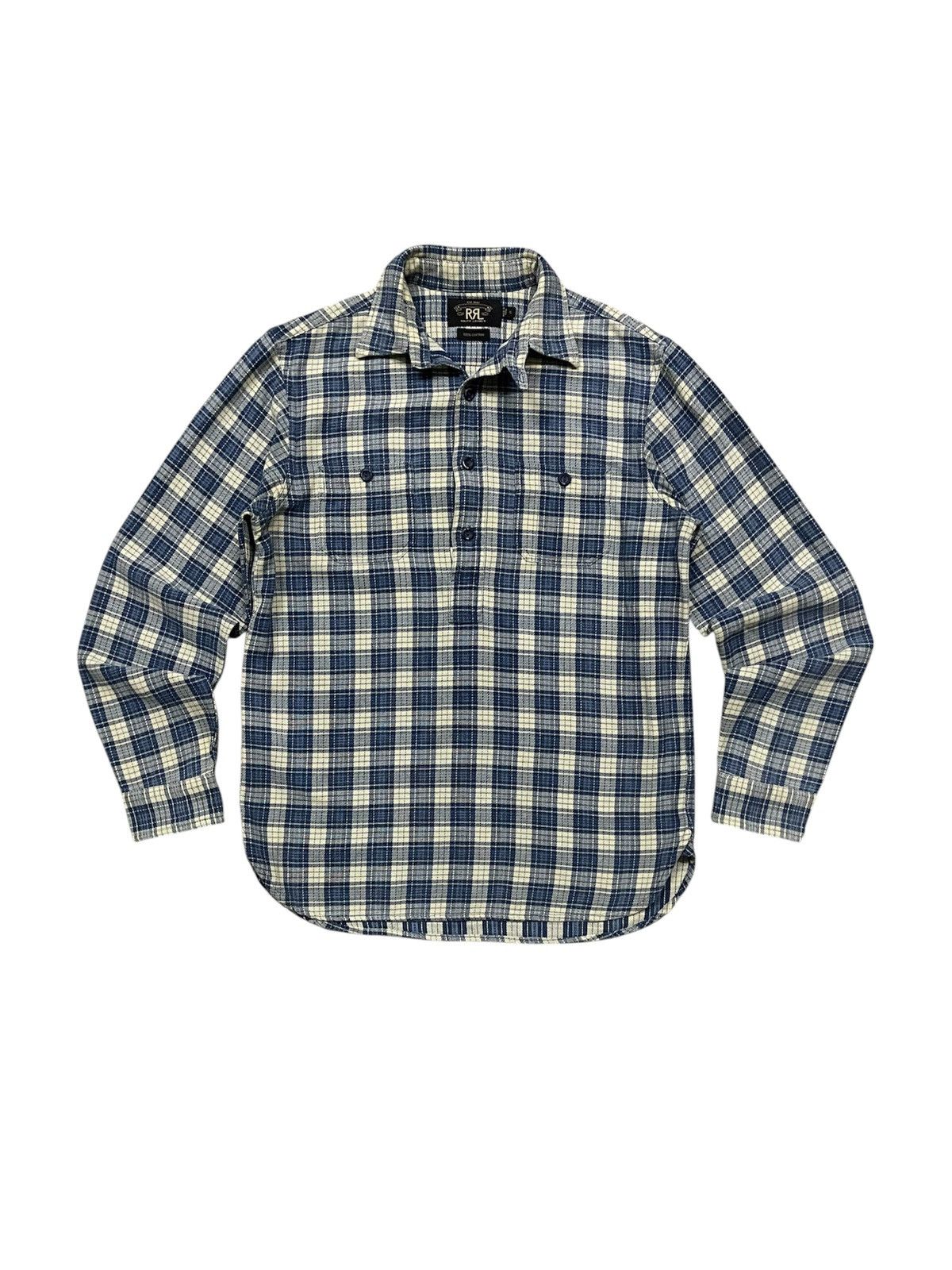 RRL Ralph Lauren RRL PLAID-PRINT JERSEY POPOVER WORKSHIRT NAVY
