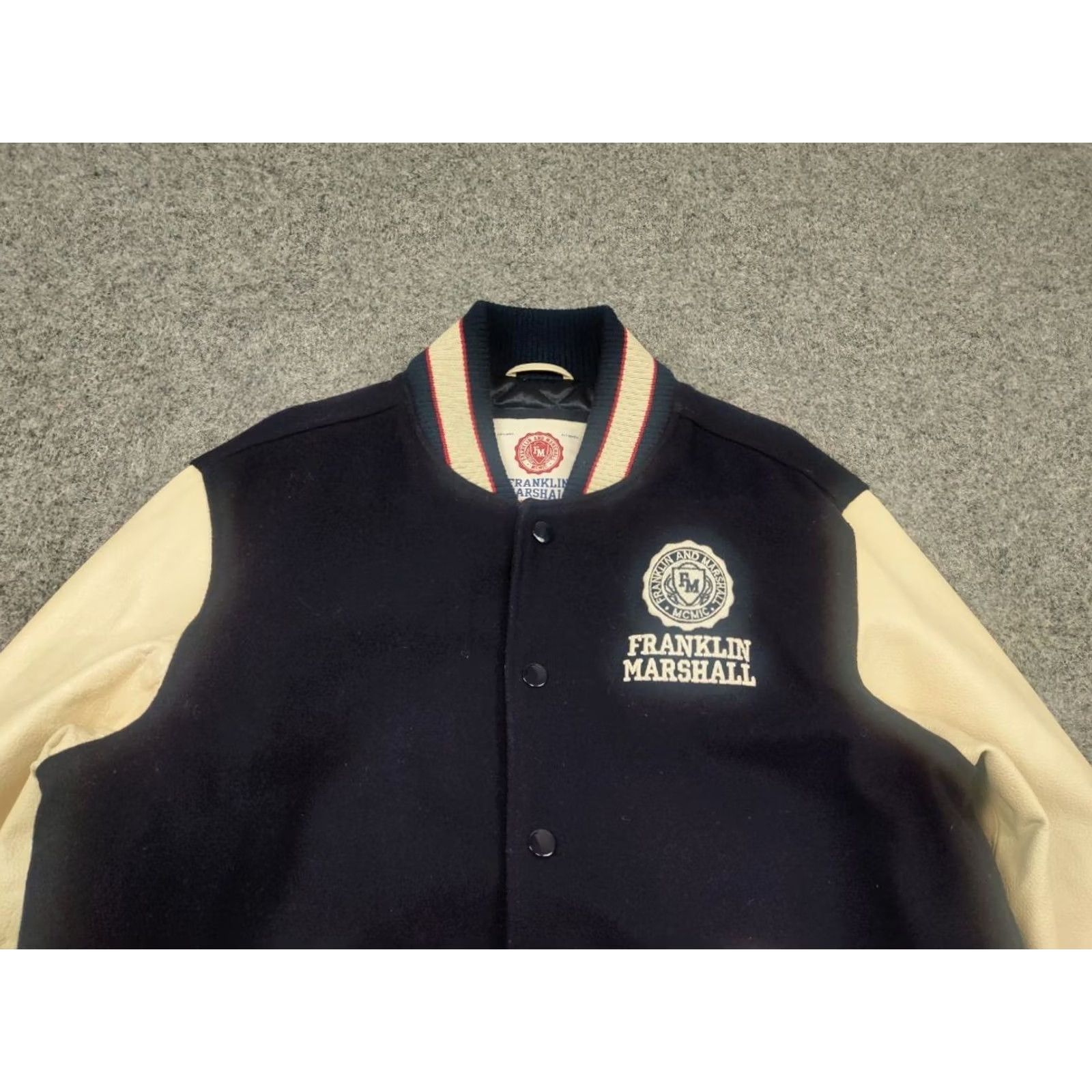 Franklin & Marshall VINTAGE Franklin & Marshall Varsity Logo Navy Wool Leather Bomber Jacket Size US L / EU 52-54 / 3 - 4 Thumbnail