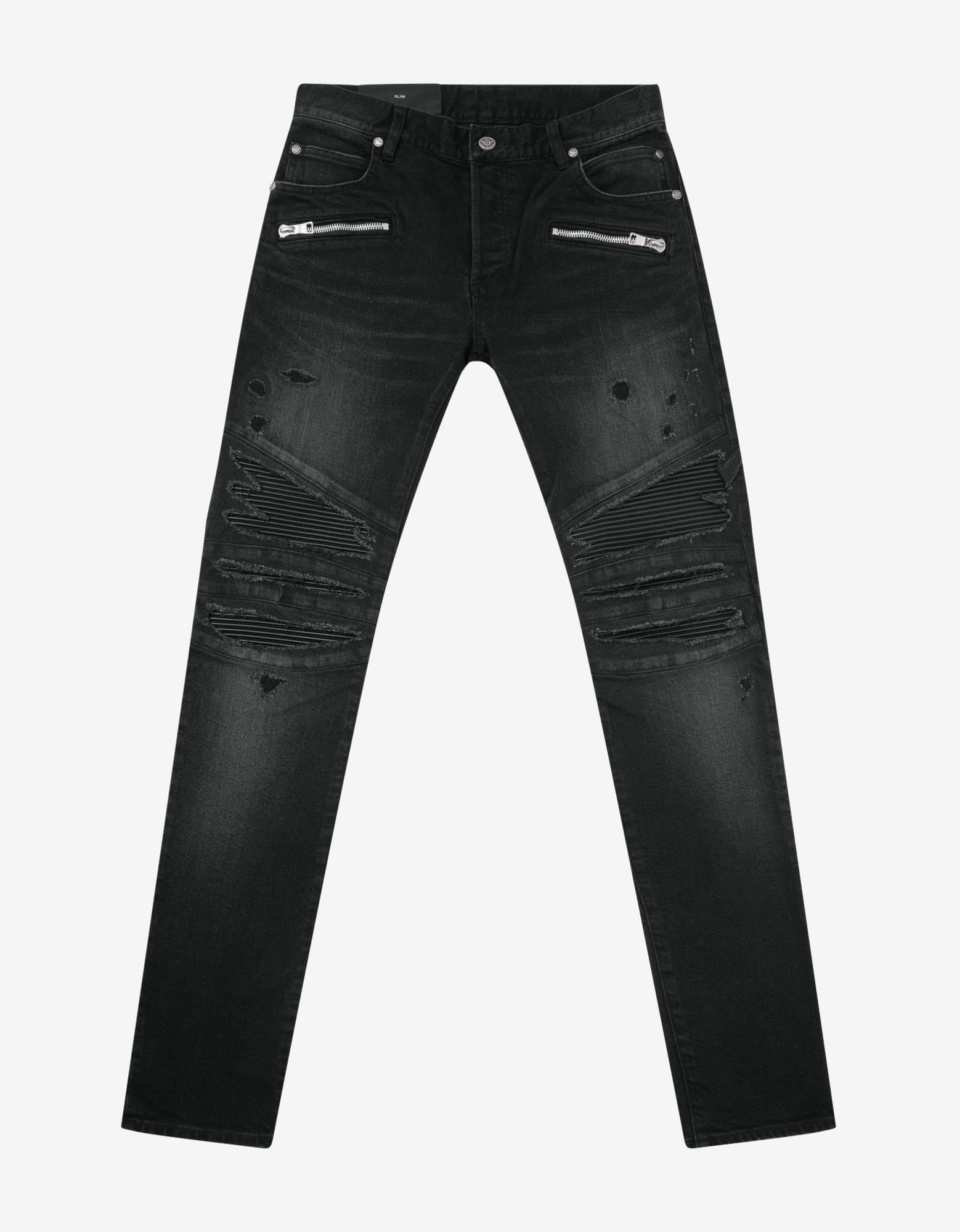 image of Balmain Black Ribbed Panel Destroyed Slim Biker Jeans, Men's (Size 30)