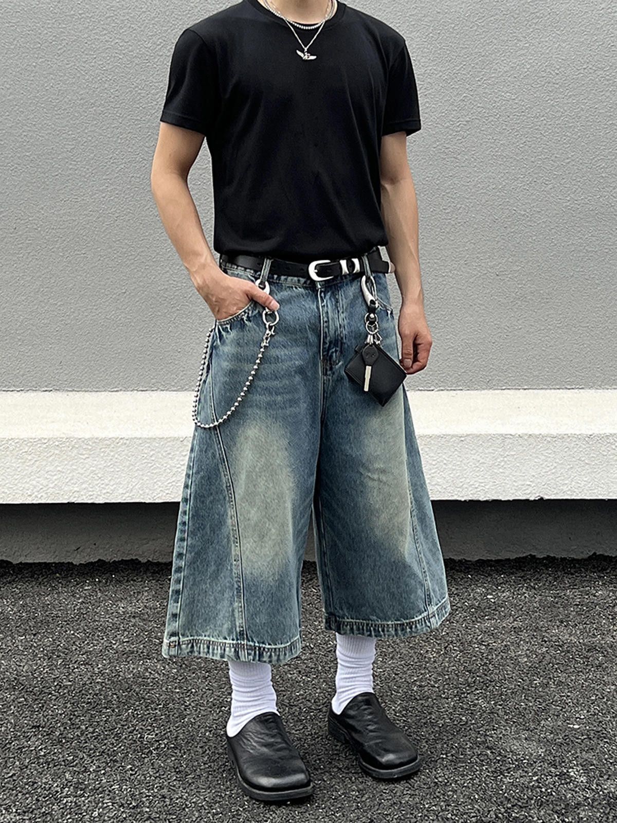 Washed Baggy Wide-Leg Long Denim Shorts Jorts
