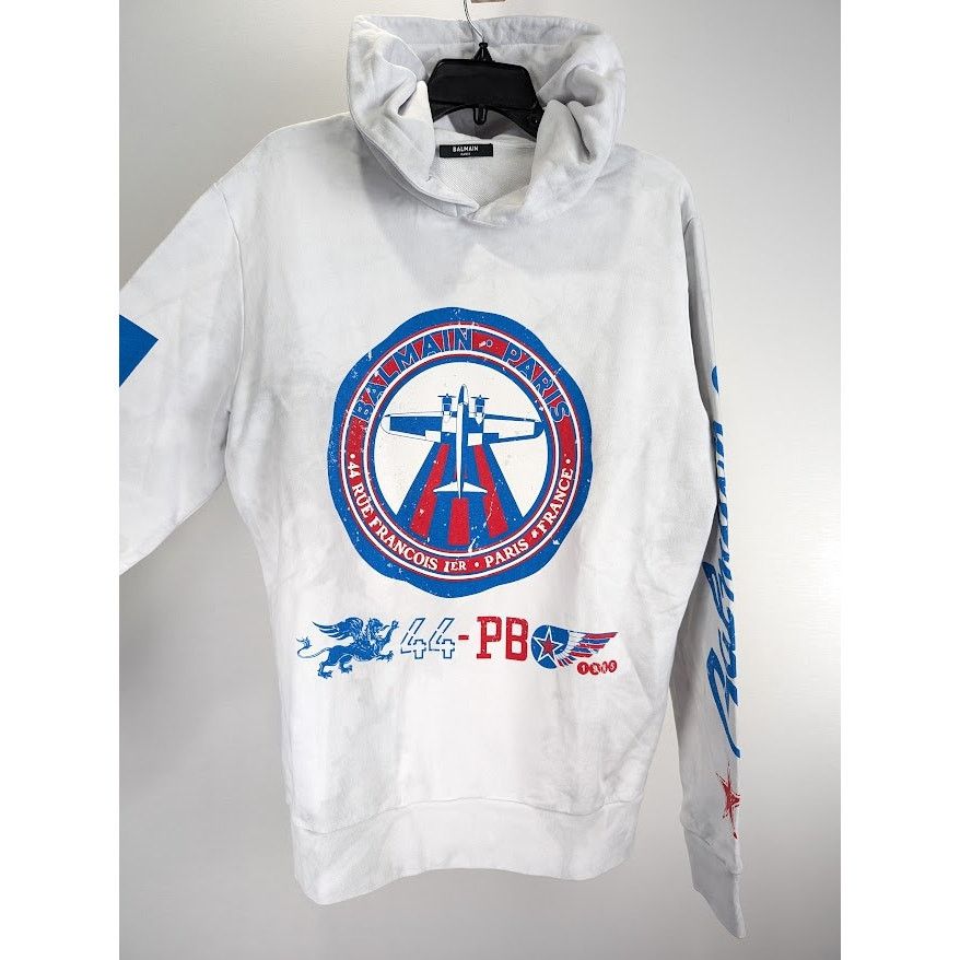 Balmain o1rshd1 Pullover Hoodie with airplane Print in White Size US M / EU 48-50 / 2 - 10 Thumbnail