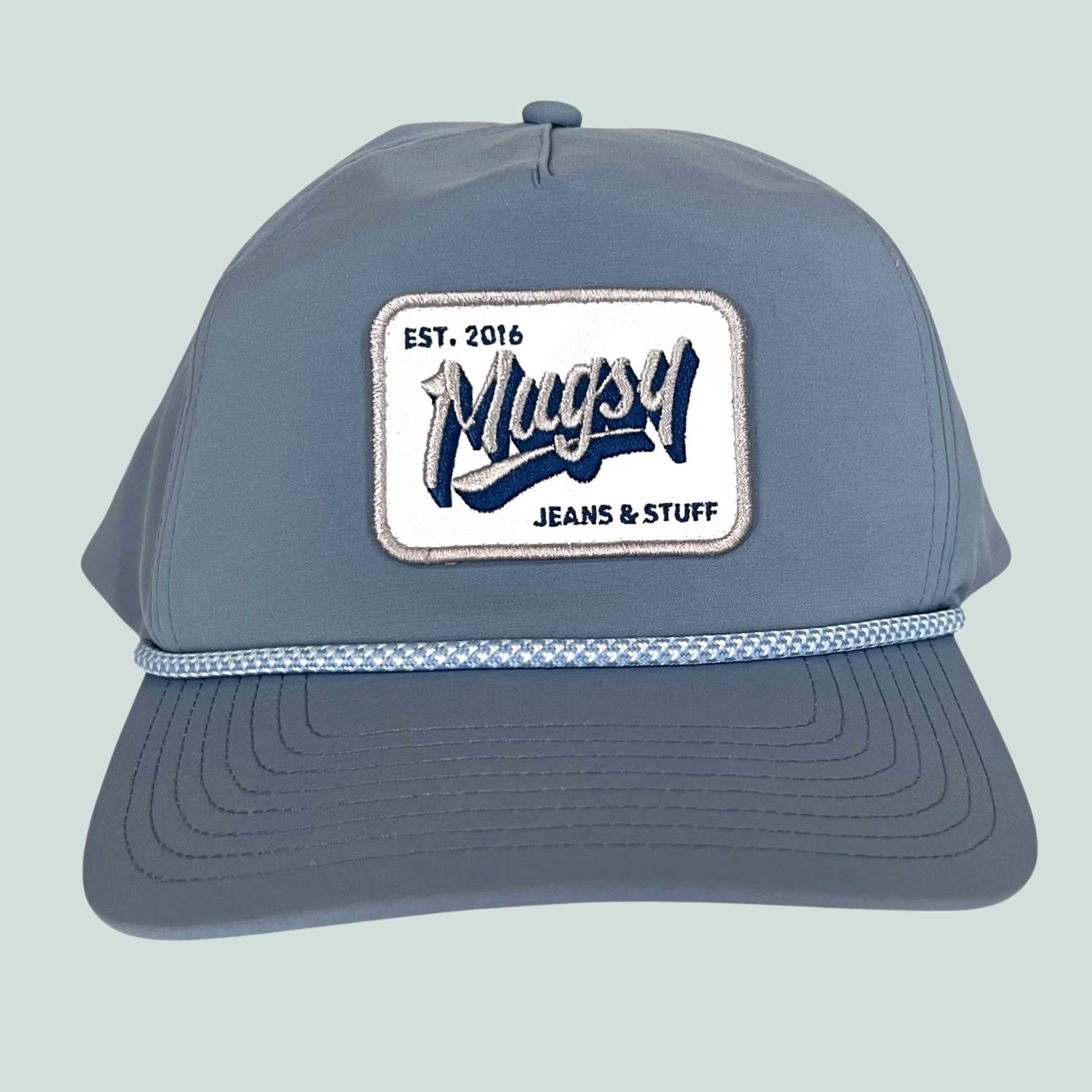Vintage Mugsy Jeans Hat Snapback Blue Logo Patch Rope Adjustable Casual Mens One Size Unisex Adults Size US 35 - 1 Thumbnail