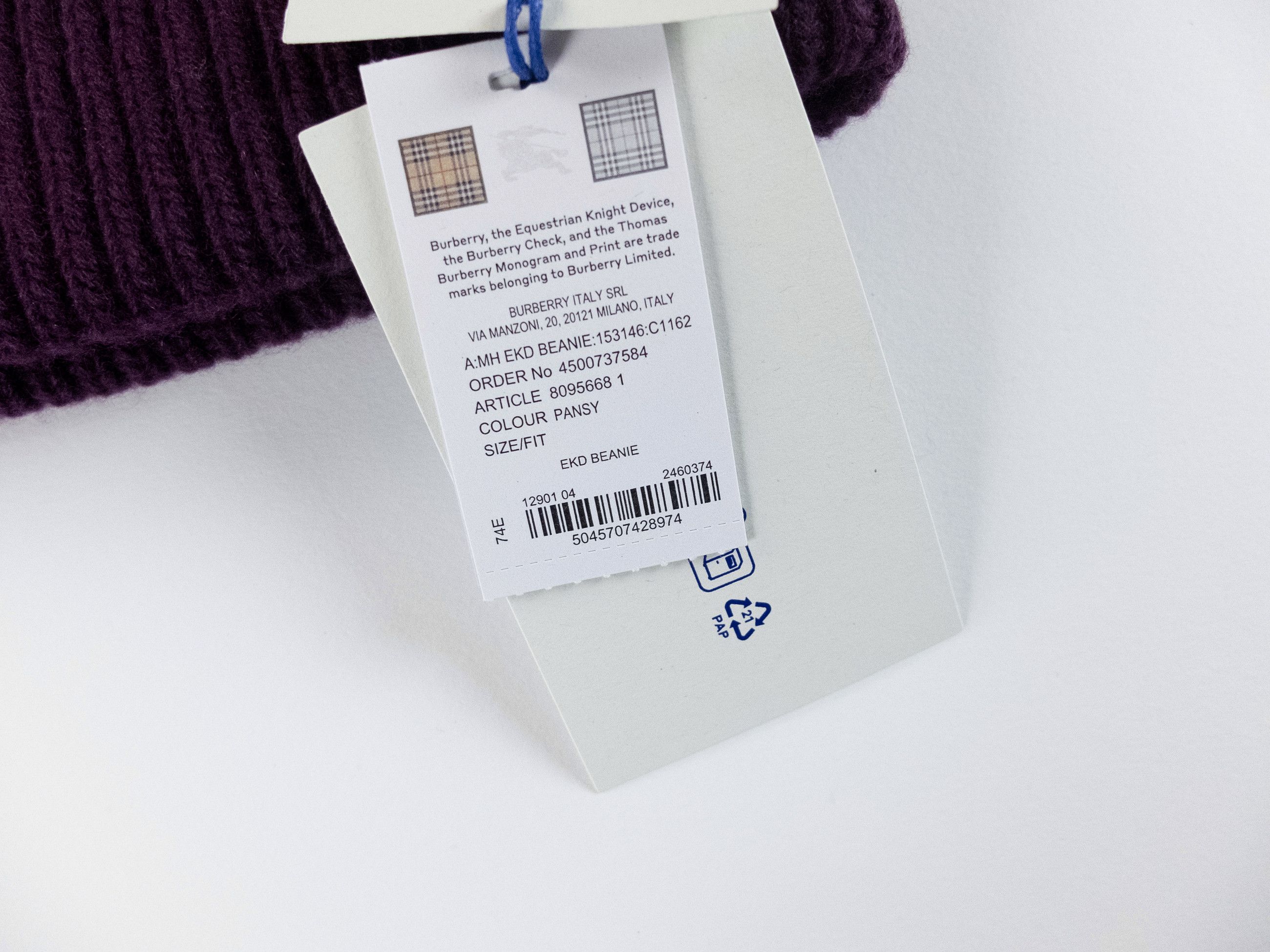 Burberry BURBERRY EKD logo embroidered purple cashmere beanie hat Size ONE SIZE - 2 Thumbnail