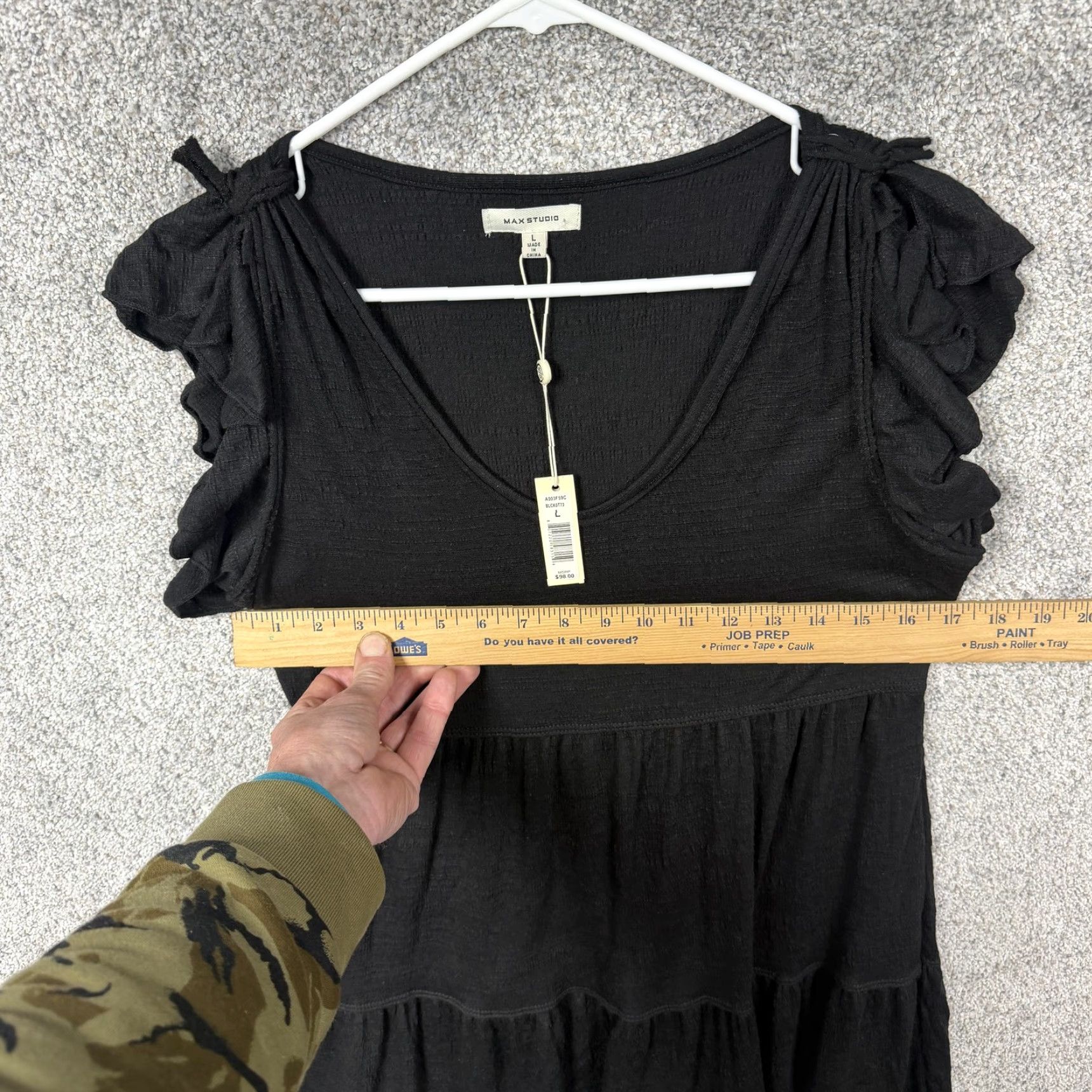 Vintage Max Studio Little Black Dress Womens Large Black Jersey V-Neck Flutter Sleeve Empire Waist Tiered Knee Length Cohort Dress Casual Party/Cocktail Size L / US 10 / IT 46 - 5 Thumbnail