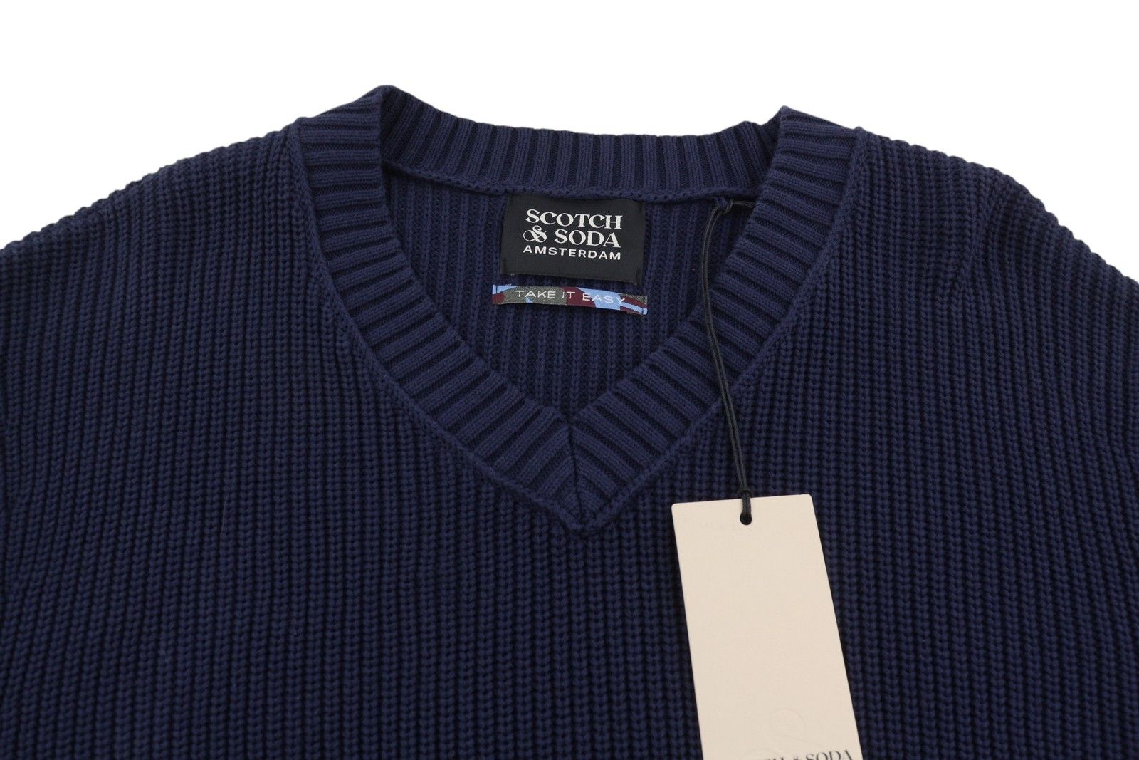 Scotch & Soda L Dark Blue Striped V-Neck Jumper 88565 Size US L / EU 52-54 / 3 - 4 Thumbnail